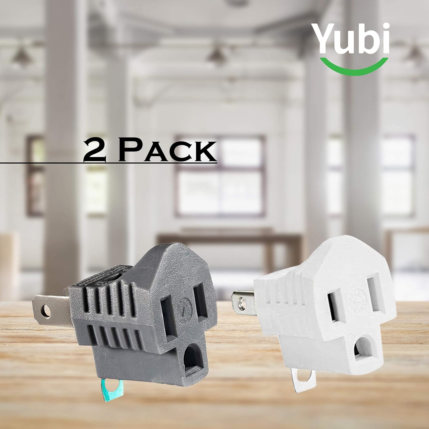 Yubi Power Grounding Adapter Plug - Grounded Outlet Adapter - 2 Prong to 3 Prong Adapter - 2 piece - Gray/White