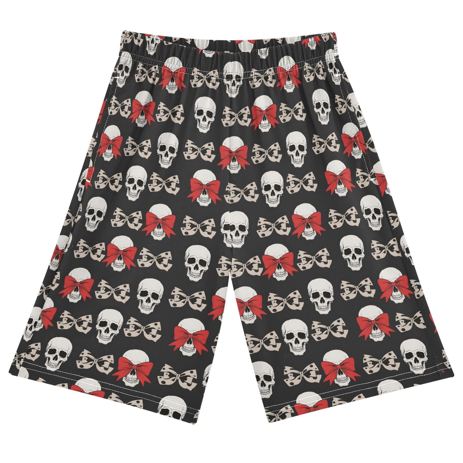 ALAZA Skull Bows Pattern Boys Athletic Shorts Kids with Pockets Shorts for boy Girl Size 6-8 Years Multicolor