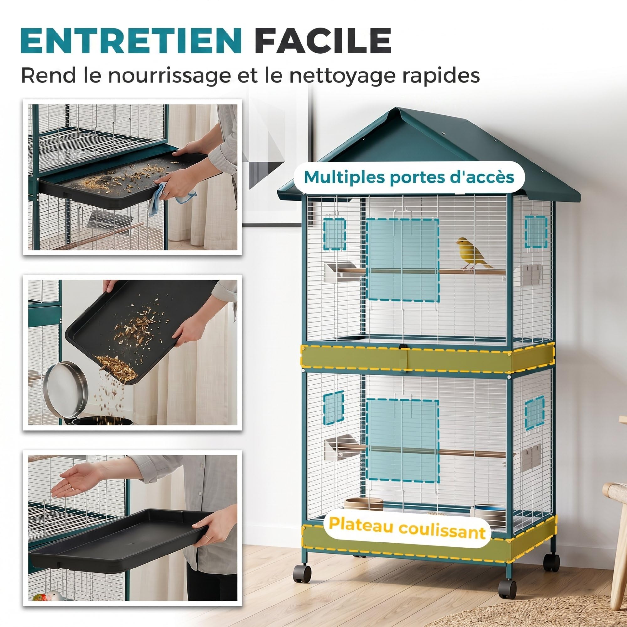 PawHut Grande Cage à Oiseaux Roulante, Volière Oiseaux Intérieur/Extérieur, Séparateur Amovible, 4 Mangeoires, 2 Perchoirs, 2 Plateaux, 94x70x158 cm