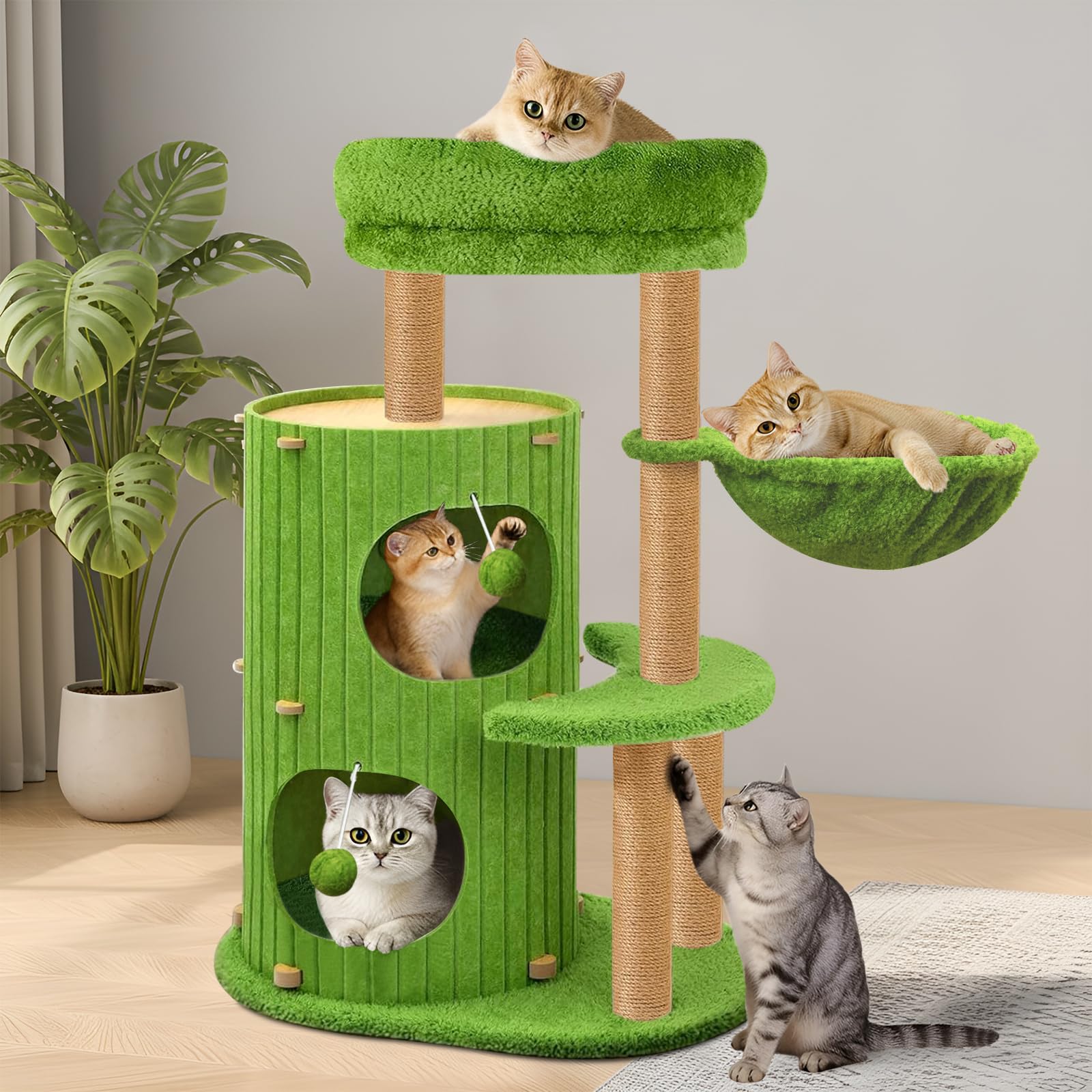 LEEJARD kratzbaum klein, Katzenbaum mit Große Plattformen, Sisalstämme, Kratzrampe, Katzenhaus, Plüschbälle und Katzenbürste für große Katzen