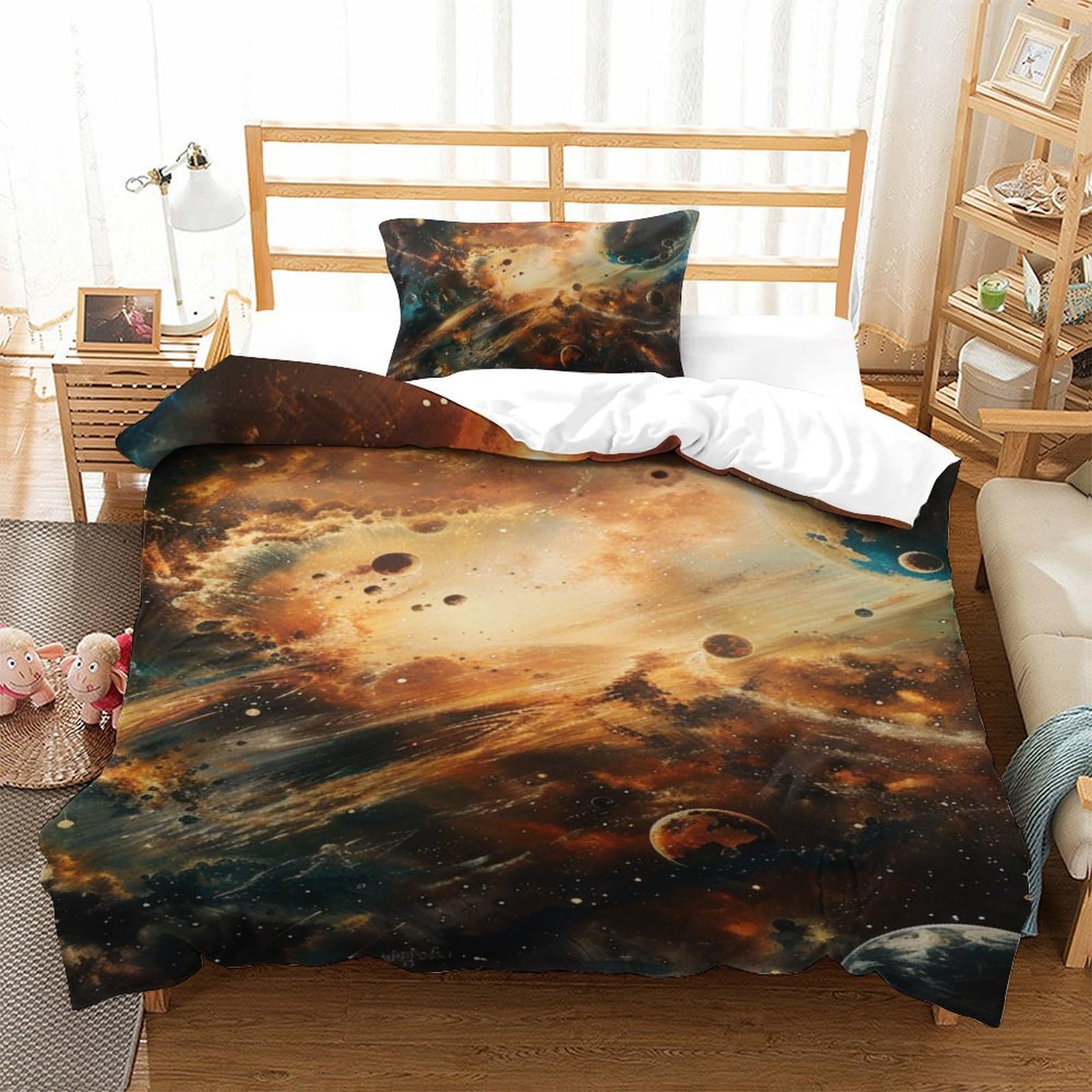 Housse de couette galaxie 3D 135x200 parure de lit microfibre respirante lit simple avec taie