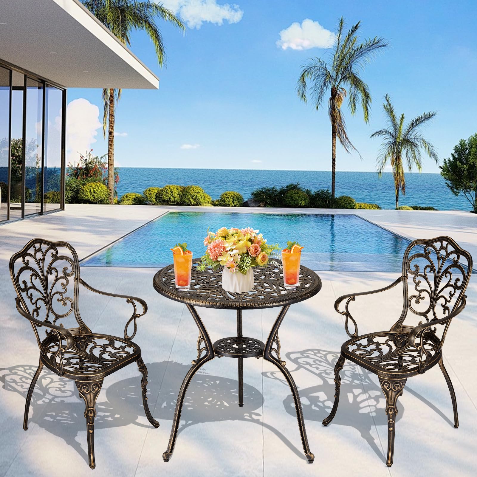 3-teiliges Bistro-Set aus Aluminium-Druckguss – Tisch mit Sonnenschirm-Portal – 2 Stühle wetterfest – ideal für Garten, Terrasse, Balkon, Pool – Farbe Bronze