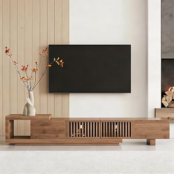 Mid Century Modern TV Stand for 75+ Inch TVs, Extendable Media Console 199.5cm-261.5cm with Ample Storage - Sleek Walnut Entertainment Center for Living Room