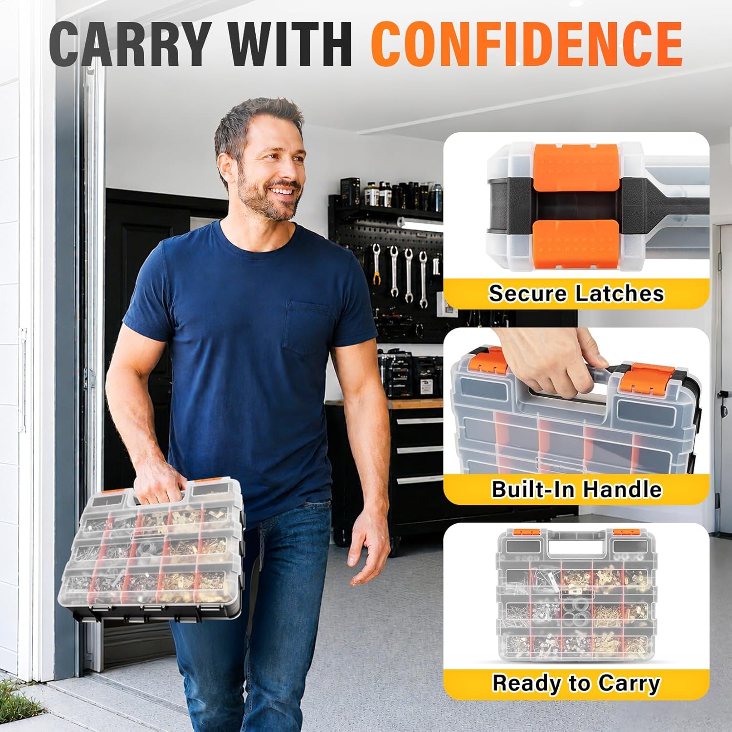 DIYSELF 4 Pack Tool Box, Double-Sided 34-Compartment Tool Organizer with Clear Lid, Small Parts Organizer with Adjustable Storage Space for Garages, Workbenches, Cabinets and Fishing Tackle Storage