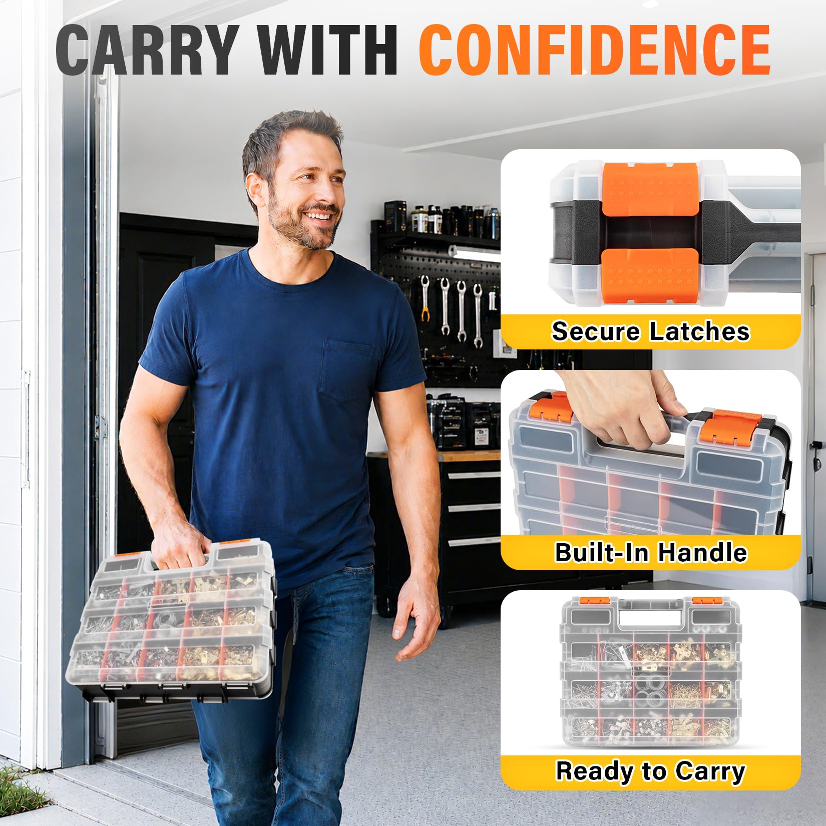 DIYSELF Organizer per viti, organizer a 34 scomparti per piccole parti, organizer per hardware con spazio regolabile, scatola portaoggetti con coperchio trasparente per hardware, artigianato, perline