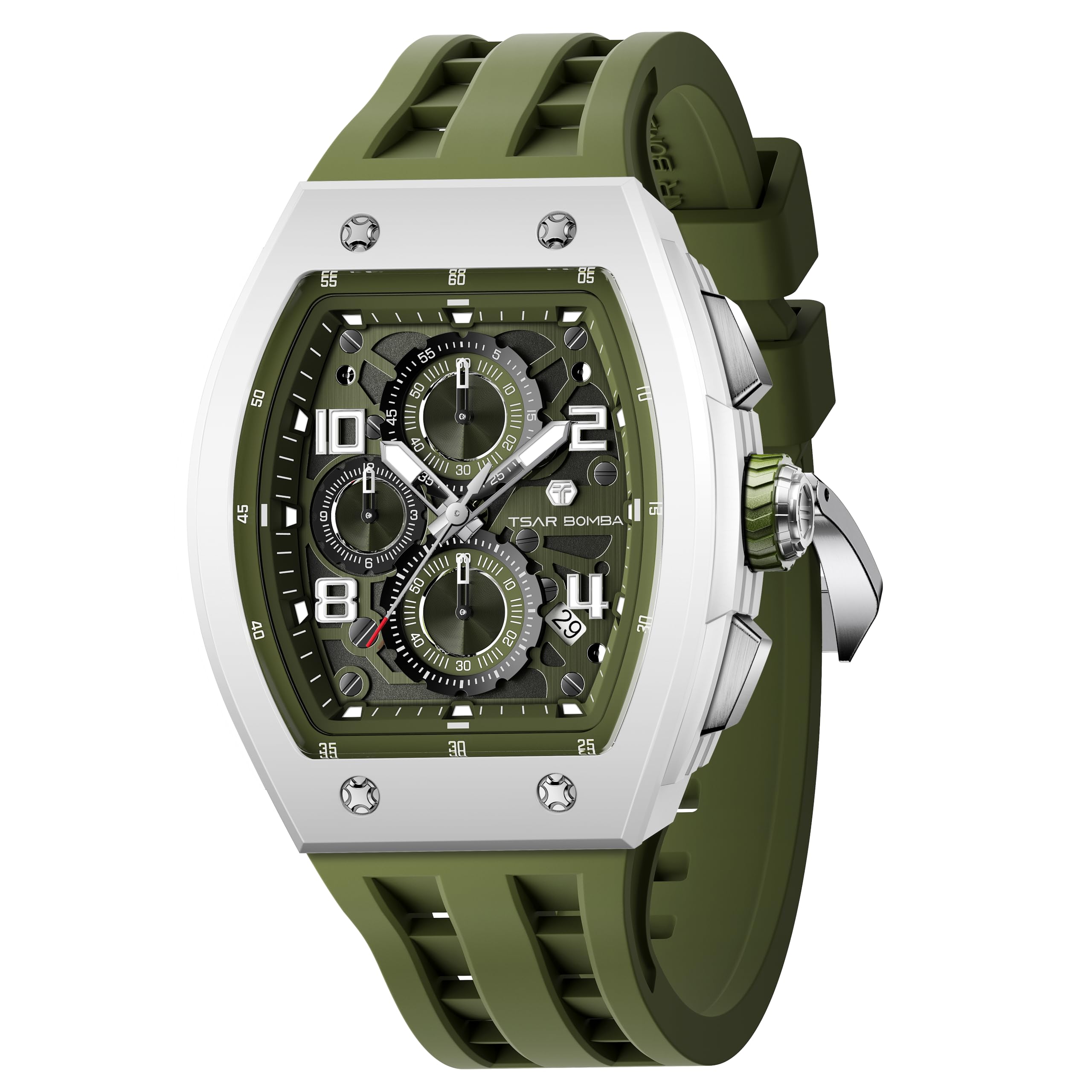 TSAR BOMBA Armbanduhr für Herren 50 m wasserdichte Herrenuhren luxuriöse Tonneau Schwarze Armbanduhr mit Silikon-Uhrenarmbändern Japanisches Quarz-Uhrwerk Geschenke für Männer