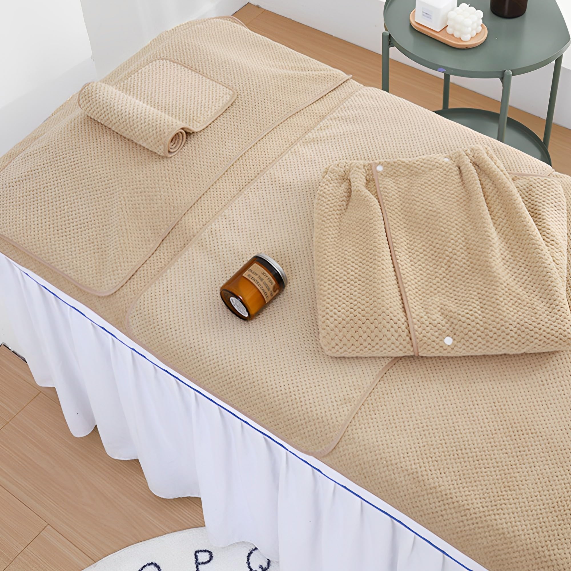 Morbuy Draps de Lit Table de Massage avec Trou, Ensembles 5 pièces Housse de Coussin de Massage Lavable, Serviette de Massage Réutilisable pour Spa Beauté Salon du Visage (Kaki)