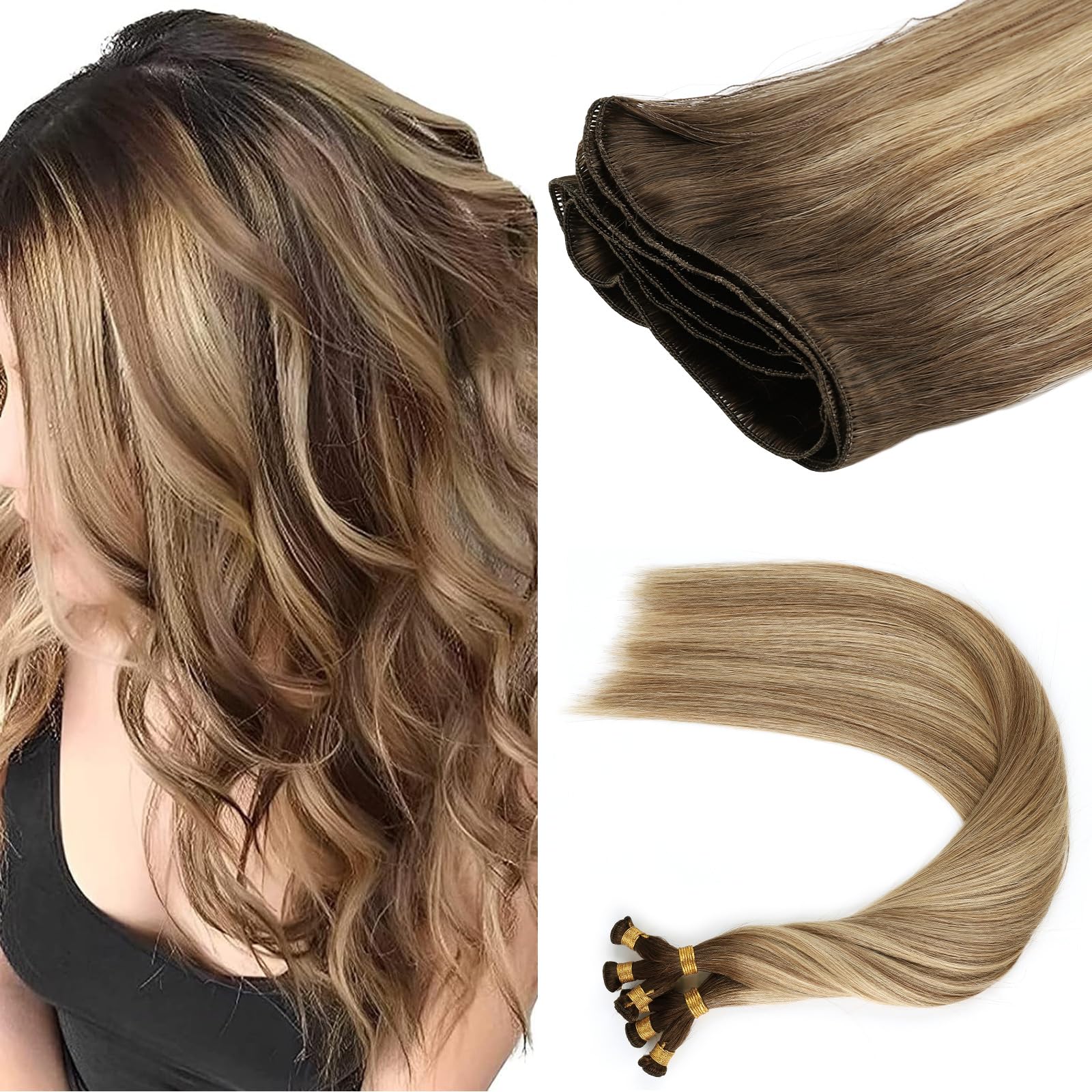 ABH AMAZINGBEAUTY HAIR Sew in Hand Tied Weft Hair Extensions, Rooted and Highlighted Human Hair