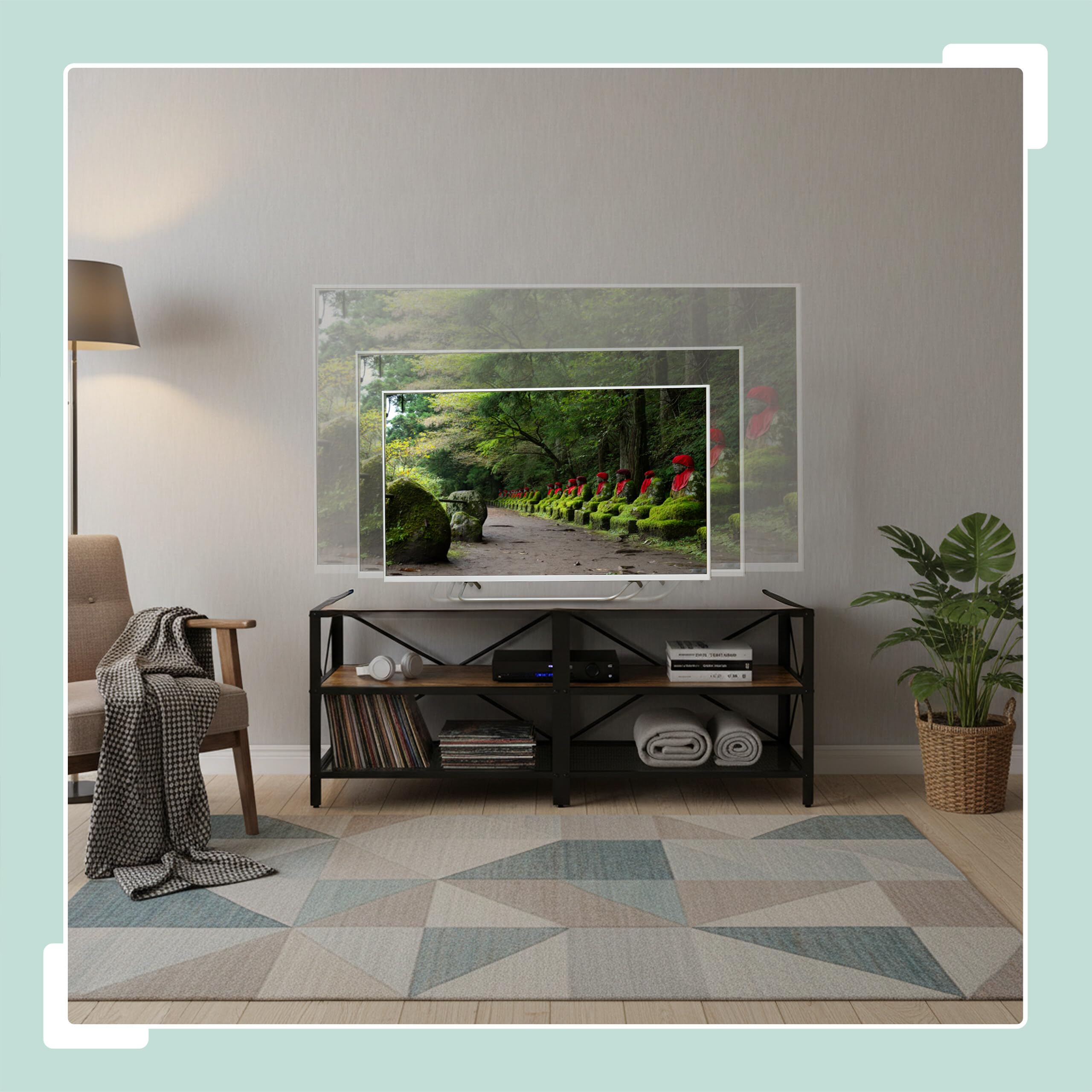 Relaxdays Niska szafka pod telewizor, 4 półki, otwarty regał pod telewizor do 60 cali, wys. x szer. x gł.: 52 x 140 x 39 cm, brązowy/czarny