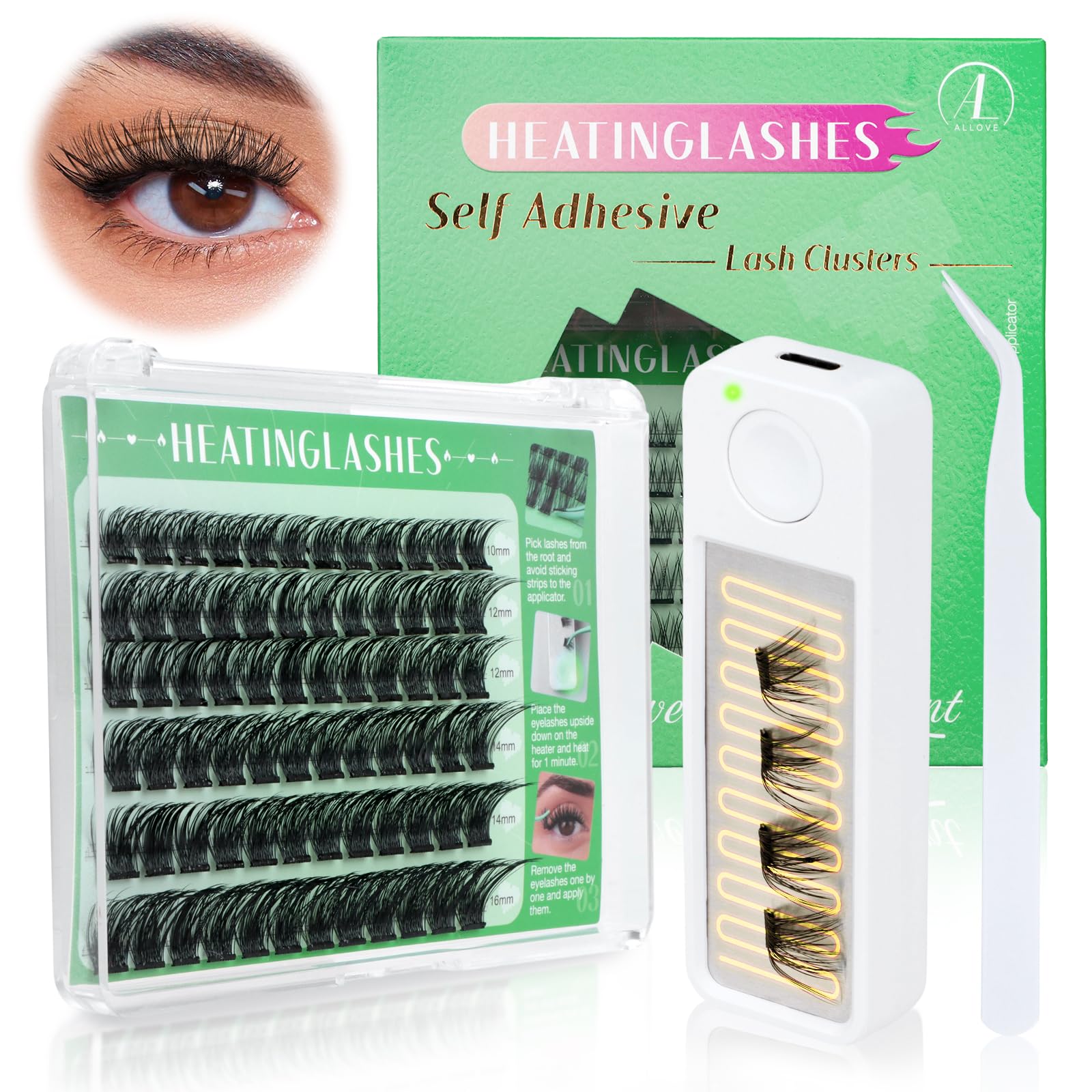 ALLOVE Heatinglashes Self Adhesive Eyelashes DIY Lash Clusters Kit Heated Pre-Glued 56D Fluffy Lash Clusters Press on Lash Kit with Heater and Applicator Cluster Eyelash Extensions No Glue Needed