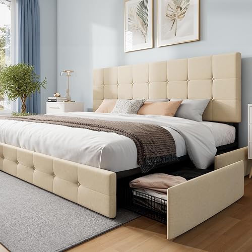 Miniatura 57 de WEEWAY Base de cama de plataforma tamaño Queen con 4 cajones de almacenamiento, cabecera capitonada con botones de costura de diamante, base de