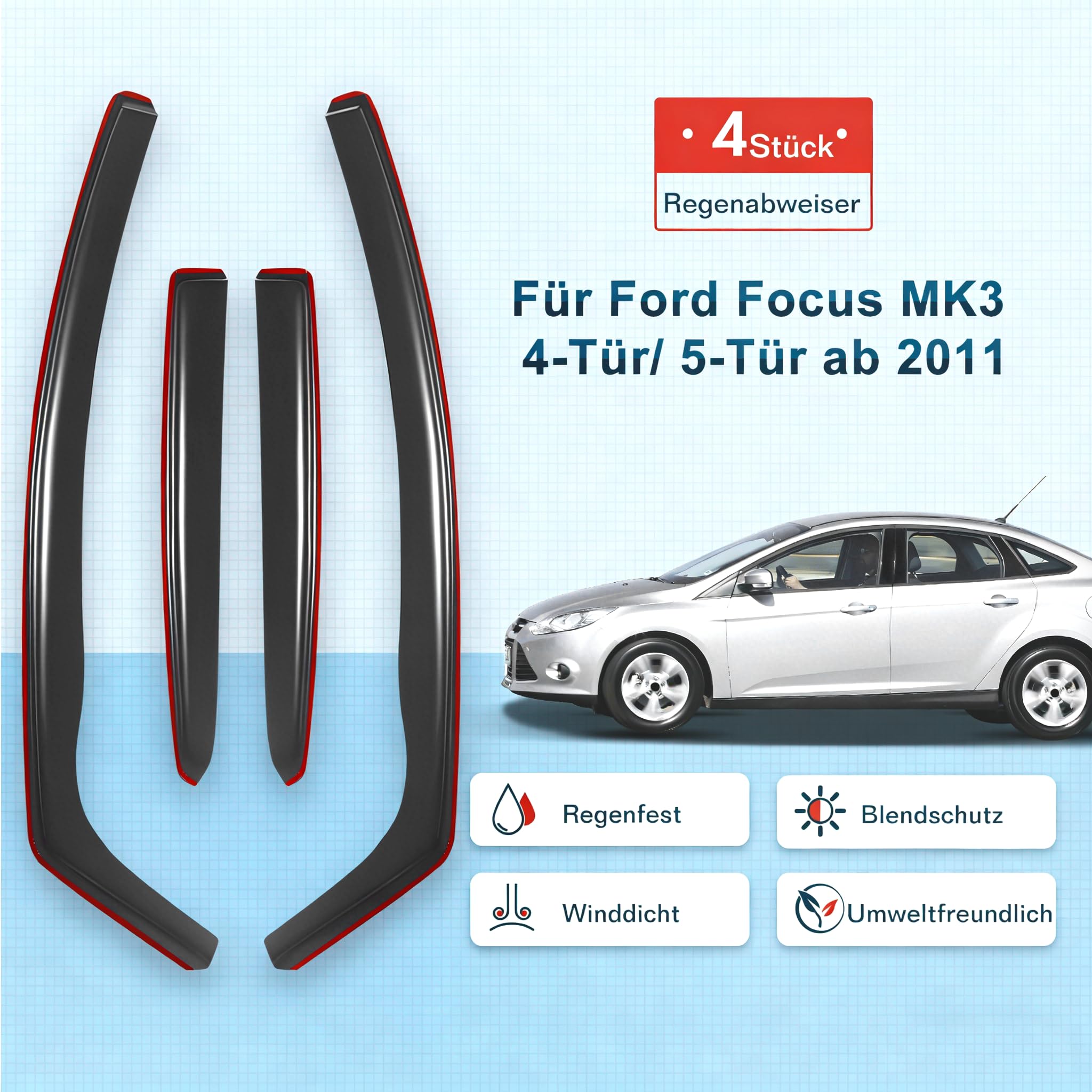 Windabweiser Regenabweiser kompatibel mit Ford Focus Ill Mk3 Bj 2011-2018, Selbstklebend Tape-On Autofenster Regenschutz Regenabweiser Deflektoren, 4-TLG Set, Rauchgrau, Vorne,Aerodynamisch