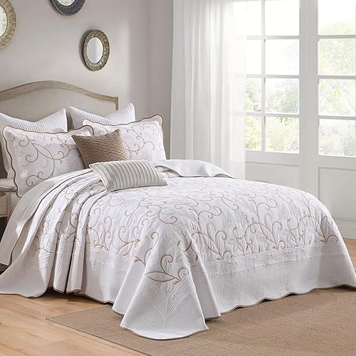 Miniatura 13 de Bedduvit Juego de colcha extragrande de 120 x 128 pulgadas, 100% algodón natural, colcha blanca tamaño King, colcha suave y ligera, 3 piezas con