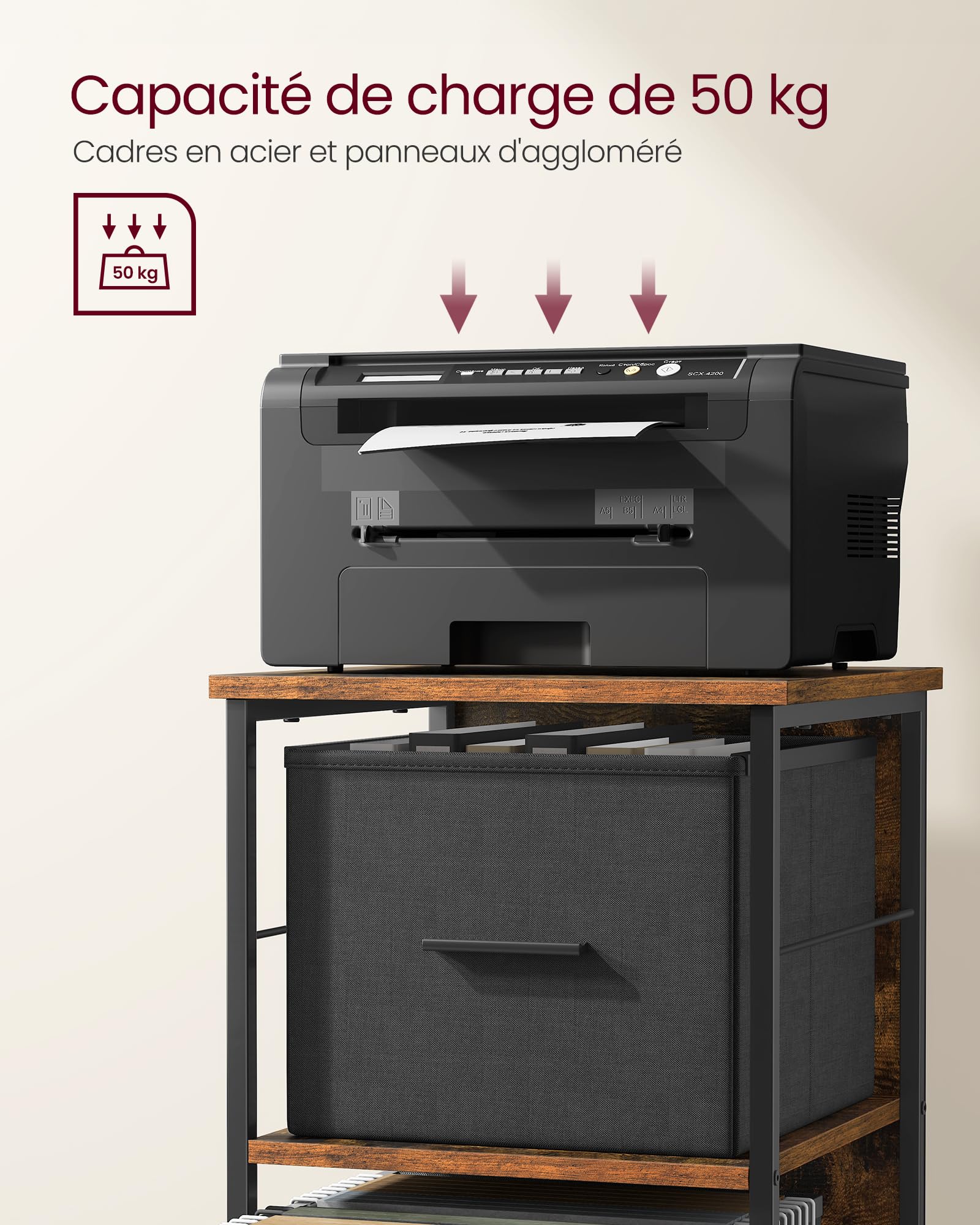 VASAGLE Caisson Bureau, 3 Tiroirs, Bibliothèque, Étagère de Rangement en Cube, Support pour Imprimante, pour Format A4, Dossiers Suspendus, Bureau, Marron Rustique et Noir d’Encre OFC058B01