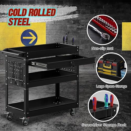 Miniatura 4 de Carrito de herramientas rodante de 3 niveles, carrito utilitario de capacidad de 330 libras, carrito de herramientas de servicio de metal con cajón