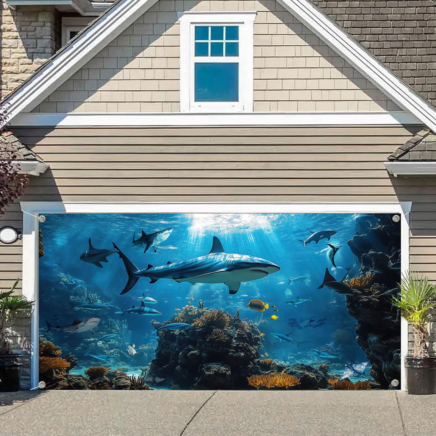 16X7FT Shark Under The Sea Garage Door Decoration Cover, Blue Ocean Shark Underwater Sea Animal Garage Door Banner Backdrop, Boy Girl Birthday Party