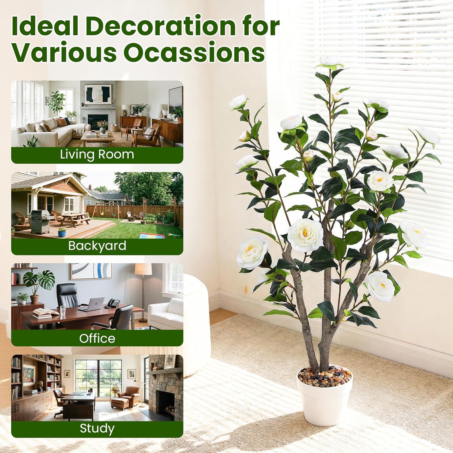 Artificial Camellia Tree 3FT, 2 Pack Indoor Fake Plant with Realistic Trunk, Leaves, Flowers and White Planter, Faux Potted Tree for Home Decor and Housew Arming Gift (White, 3ft)