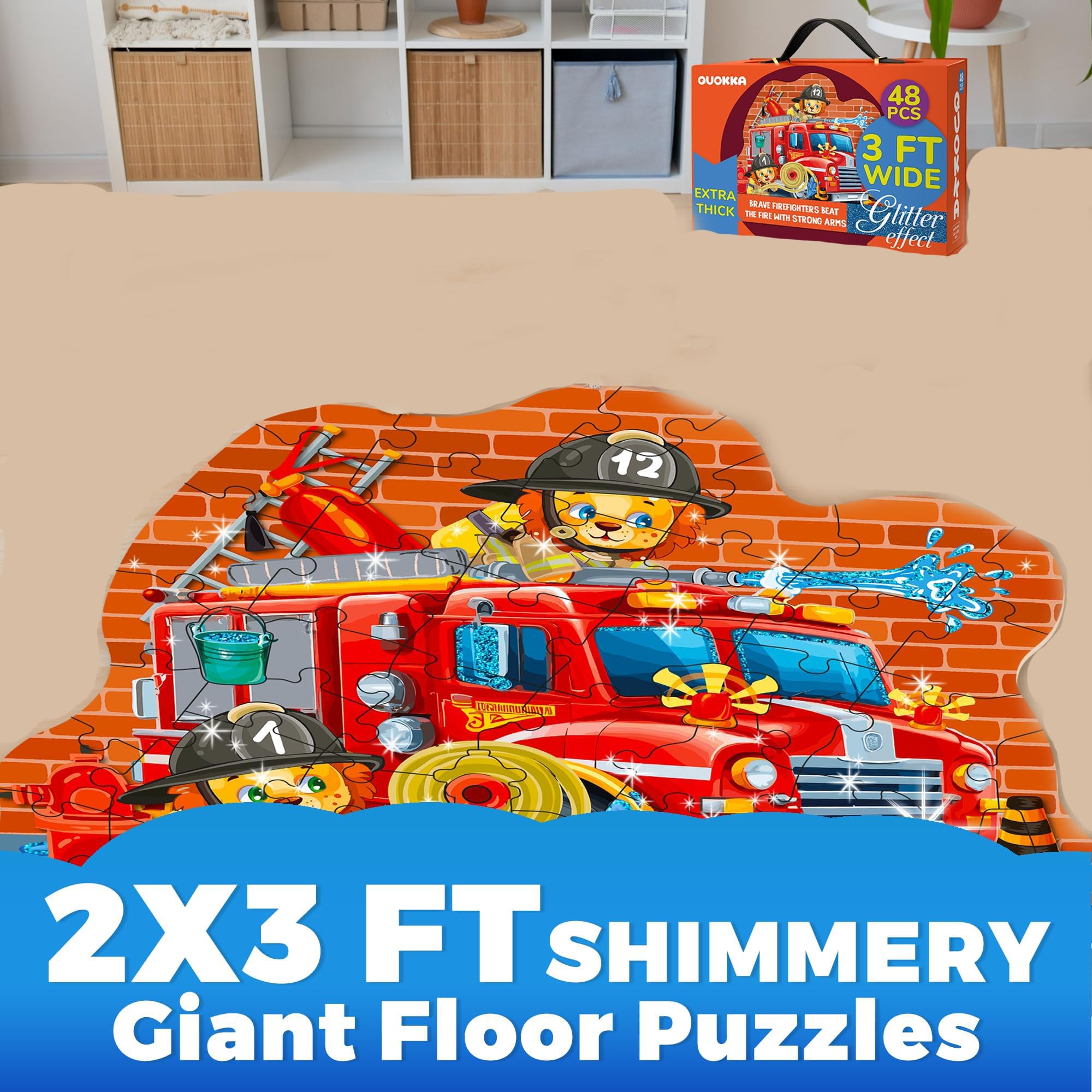 QUOKKA Rompecabezas De Piso con Purpurina - 60 X 90 Cm 48 Piezas - Rompecabezas Gigante Educativo con Forma De Bombero