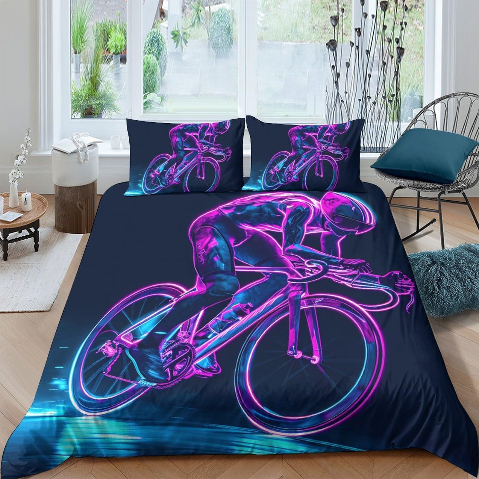 GPLZQXKJNH 3D Printed Neon Cyclist Duvet Cover Microfiber Soft Breathable Futuristic Bicycle Bedding Set with 2 Pillowcases for Bedroom Decor Single（135x200cm）