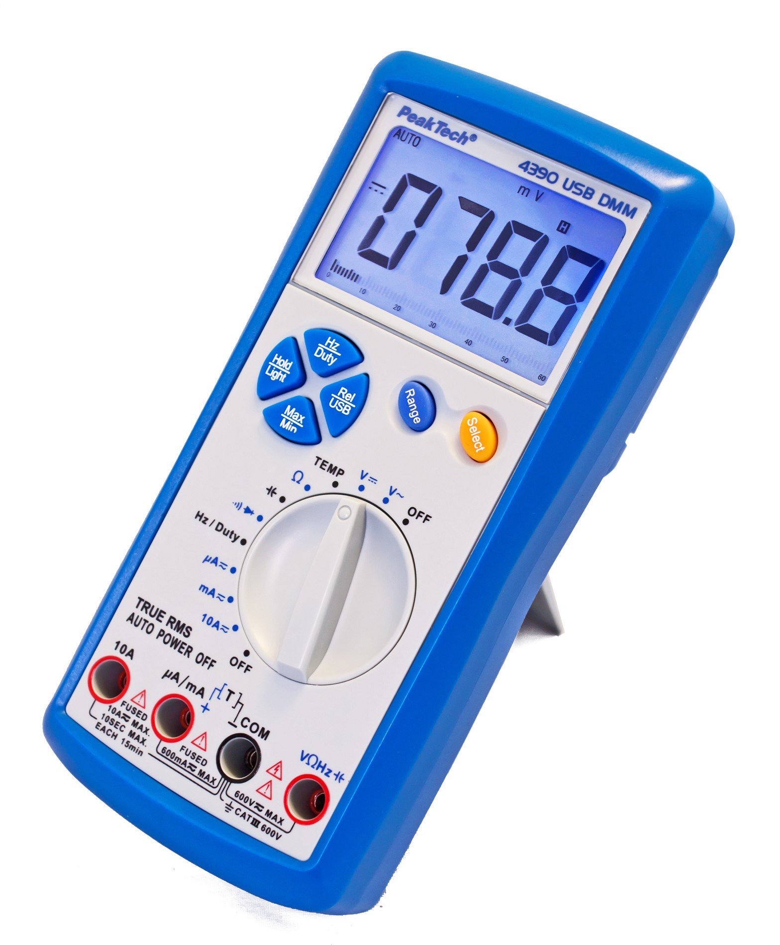 PeakTech, Multímetro digital True RMS 6000 contadores con USB, comprobador de continuidad y autorange, CAT III 600V, 1 pieza, P 4390, Azul Blanco