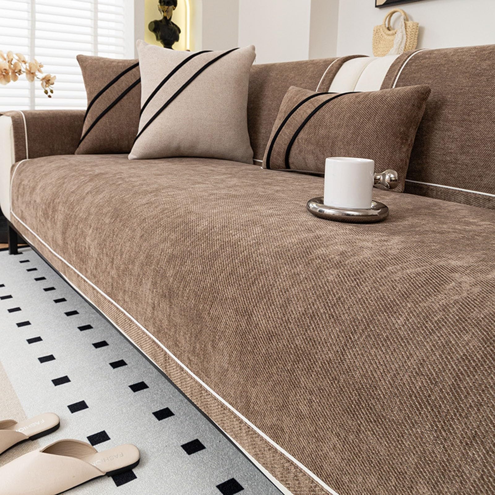 Soft Chenille Sofa Cover 2 3 4 Seater L-Shape Sectional, Non-Slip Washable Heavy Duty Couch Protector for Leather Sofa, Pet & Dog Friendly Furniture Cover for Living Room(Dark brown,90x180cm)