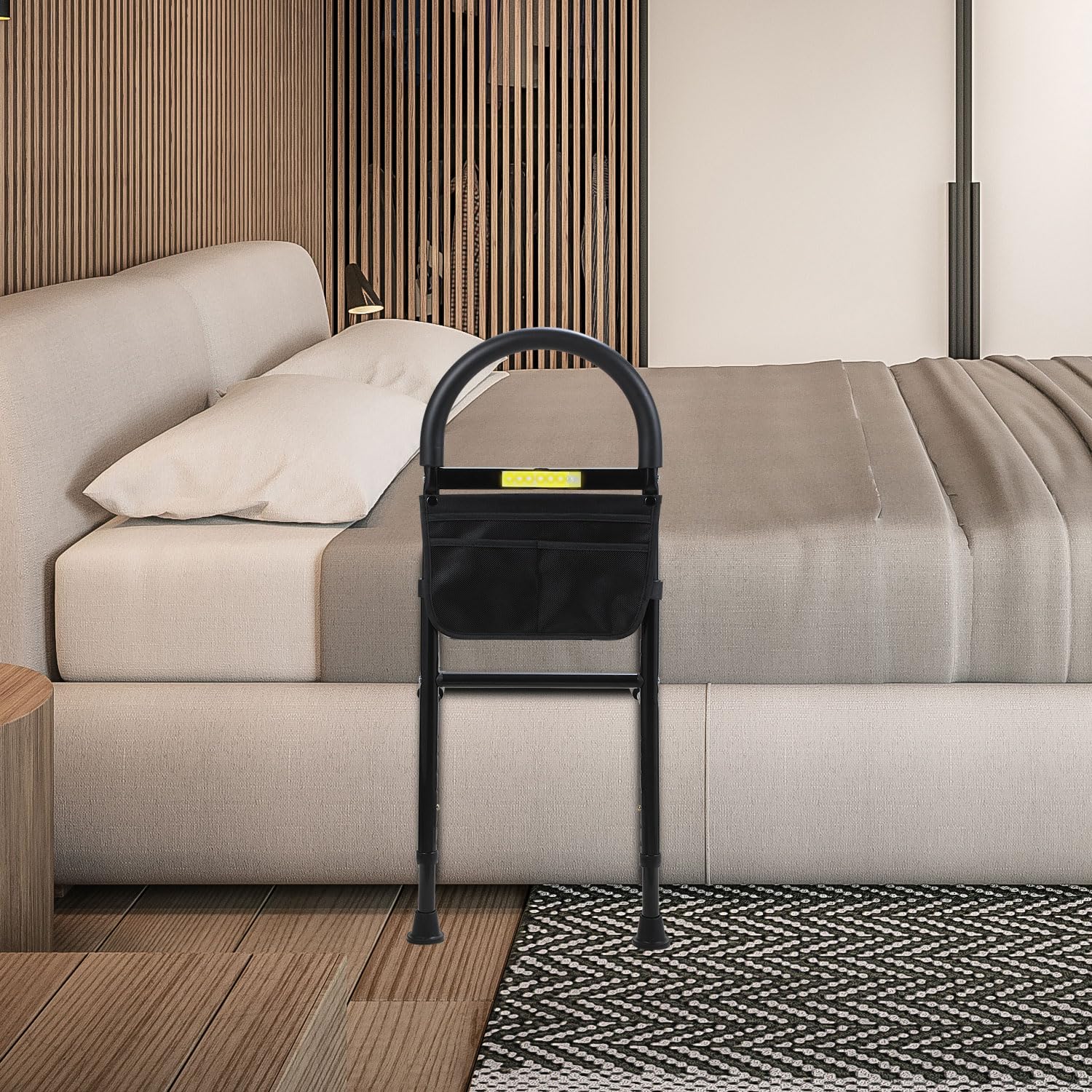 Fiqops Sostegno per alzarsi dal letto, Sostegno per alzarsi dal letto per anziani, con sensore, Sostegni per alzarsi con tasca di stoccaggio, Sostegno per alzarsi regolabile in altezza, Sponde di