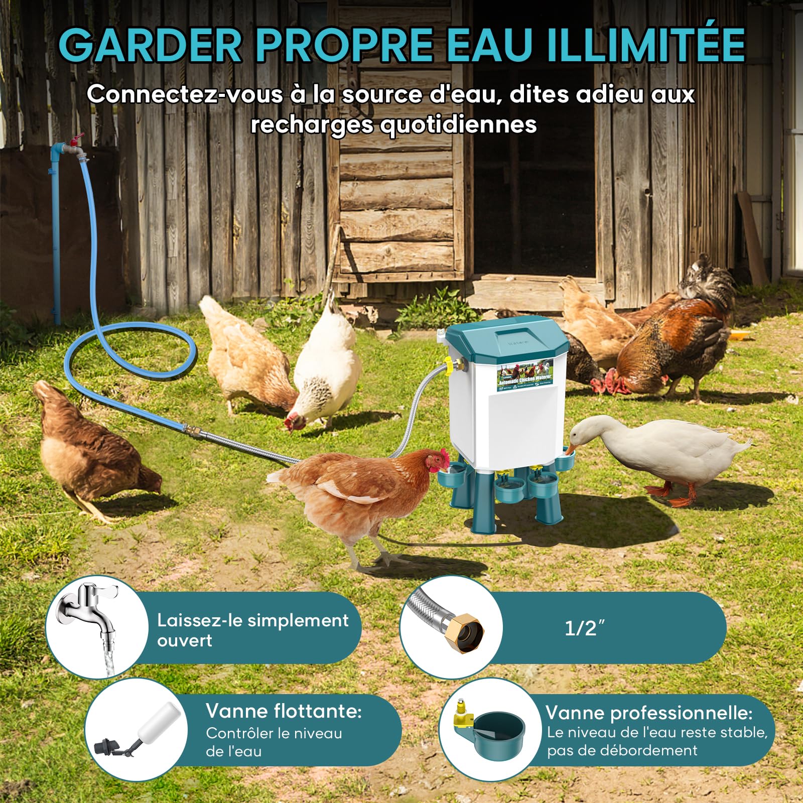 CHAMUTY Abreuvoir Poules Automatique 7 Litres avec Pieds, 4 Bols, Flotteur Filtré Contrôlé, Tuyau en Acier Inoxydable de 1,5 m, Distributeur Eau Poule Automatique Pour Canards, Oies, Dindes et Pigeons