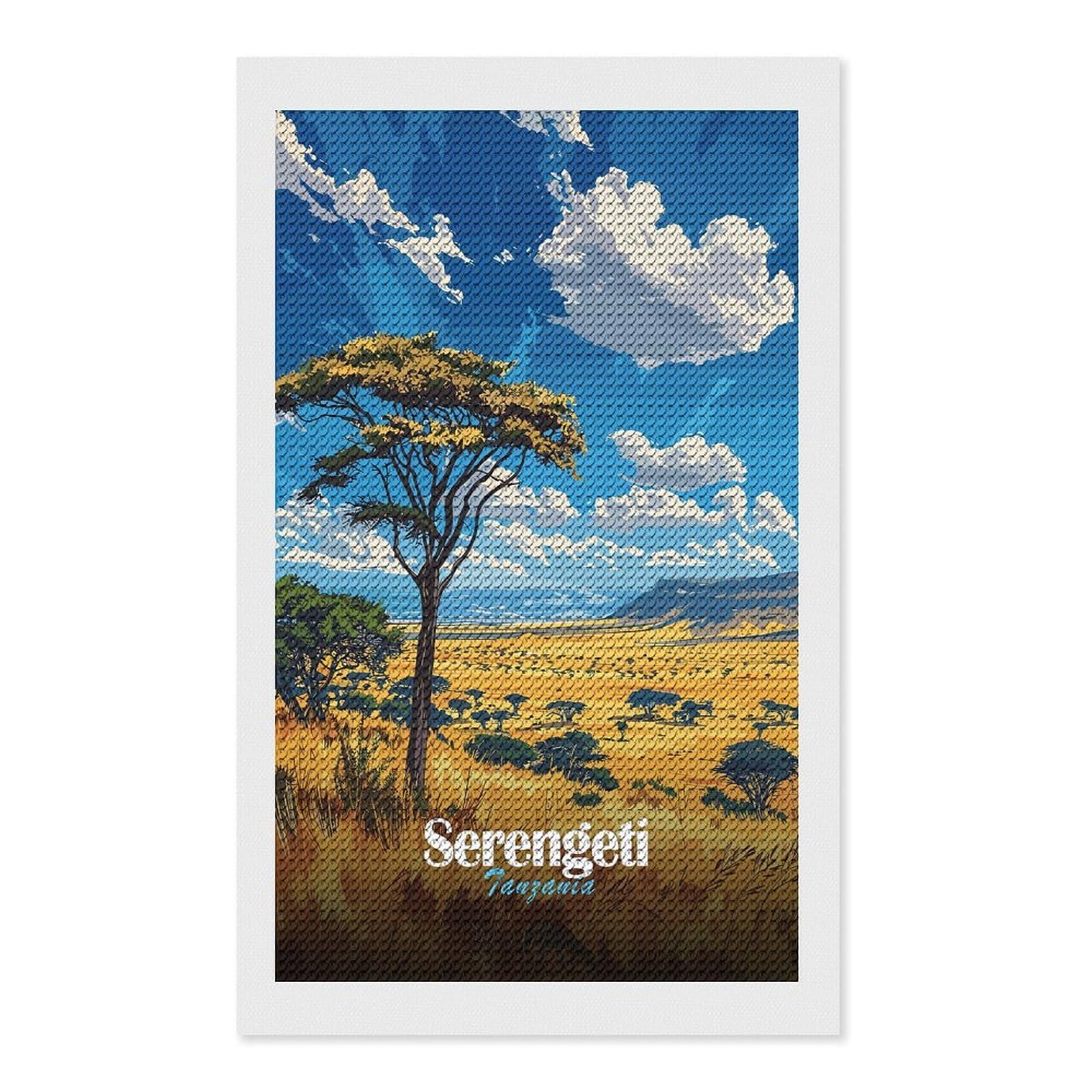Junmoney Serengeti Landscape Diamond Painting Kit 12"x20", Thoughtful Handmade Gift, for Creative Relaxation, Printed Canvas, Cosy Home Accent