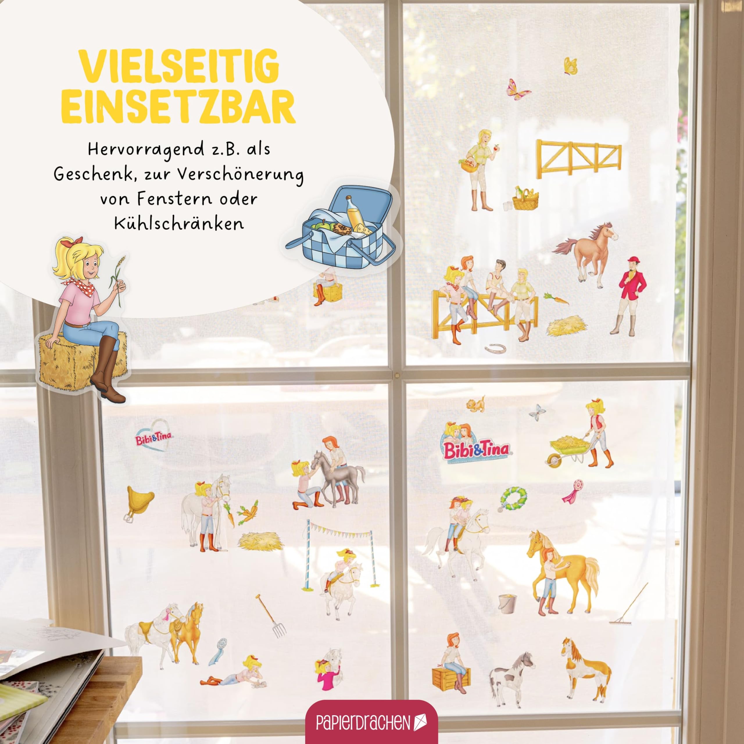 Papierdrachen WTD Fensterbilder Bibi & Tina - 6 hojas de pegatinas y pegatinas, estáticas y reutilizables, decoración de caballos para habitación infantil