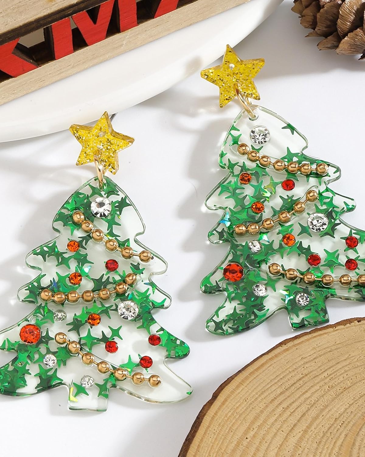 Rhinestone Christmas Tree Earrings for Women Sparkly Christmas Tree Dangle Earrings Pink Green Silver Xmas Trees Drop Ear-rings Winter Holiday Jewelry Xmas Gifts Stocking Stuffers for Her - Image 5