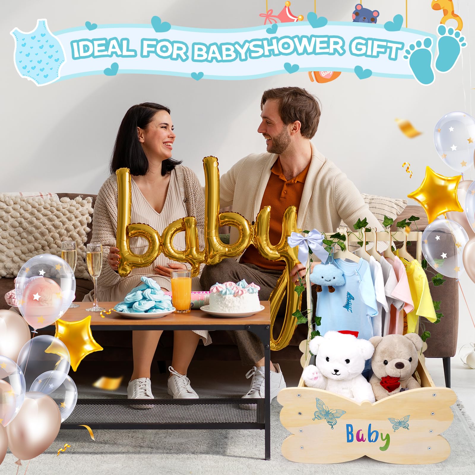 FVNPIHAM Wooden Baby Shower Crate Closet, Baby Shower Basket with 8 kinds of Accessories Personalized Newborn Boys Girls Gifts, Storage Crate Gifts for New Parent Pregnancy