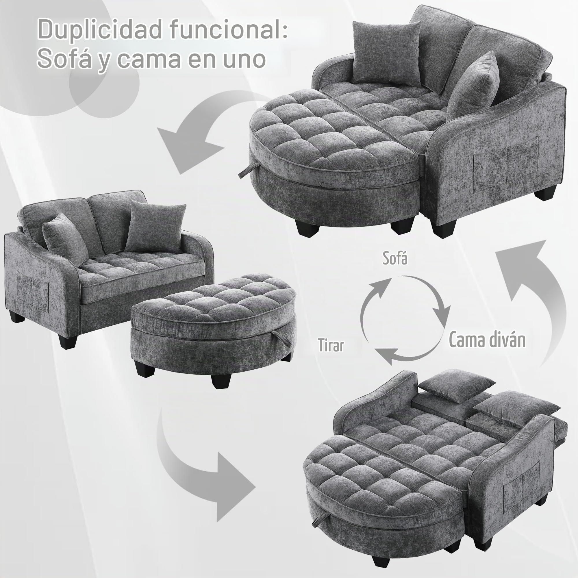 Sofá con función de dormir, sofá pequeño, chaise longue, sofá cama 2 en 1, taburete de almacenamiento y 4 cojines, para sala de estar, estudio, dormitorio, 132 × 129 × 93 cm (gris oscuro)