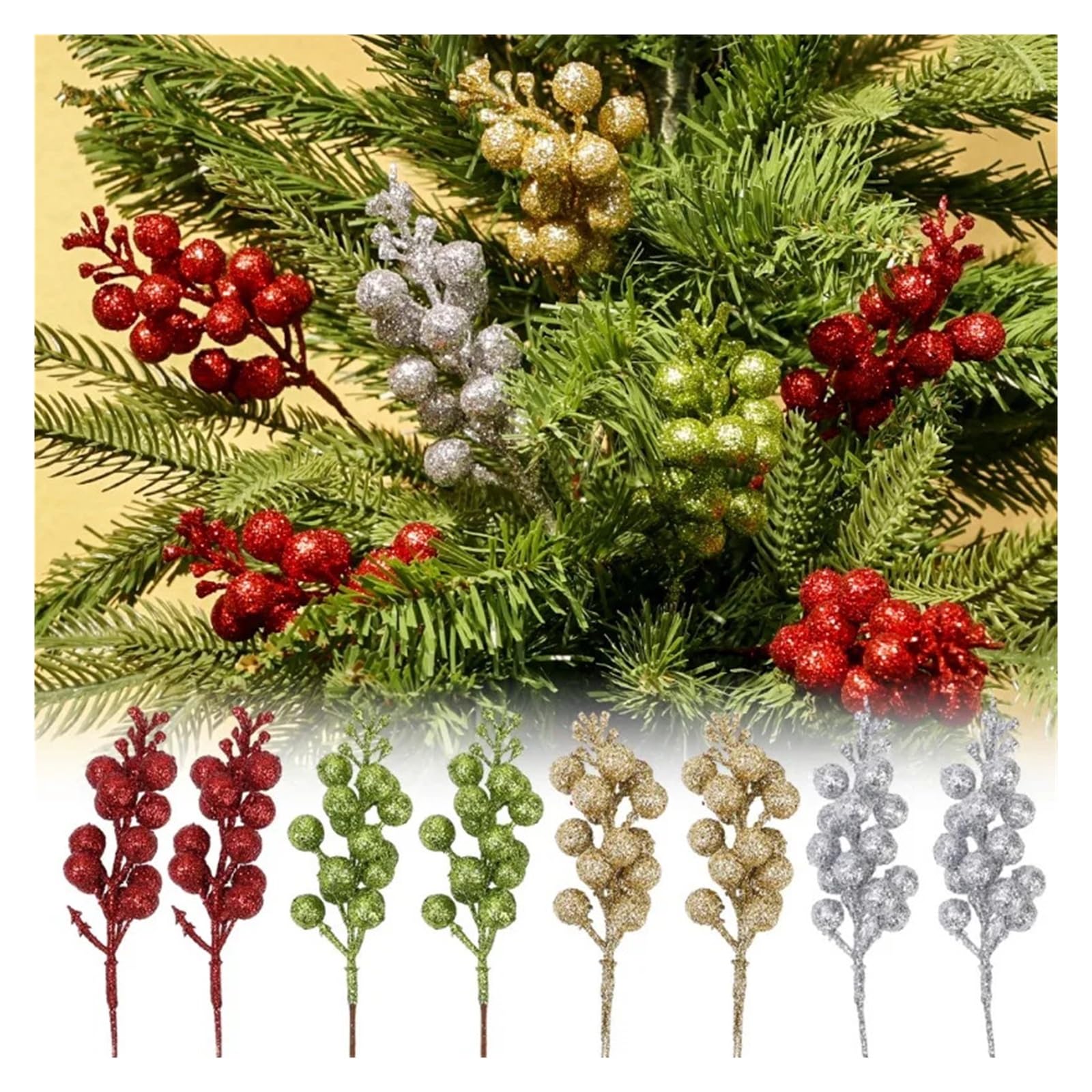 Ramo de ramas con bayas artificiales, Tallos De Bayas Artificiales Con Purpurina En Polvo Dorado, Multicolor, 23,5 Cm, ​​Paquete