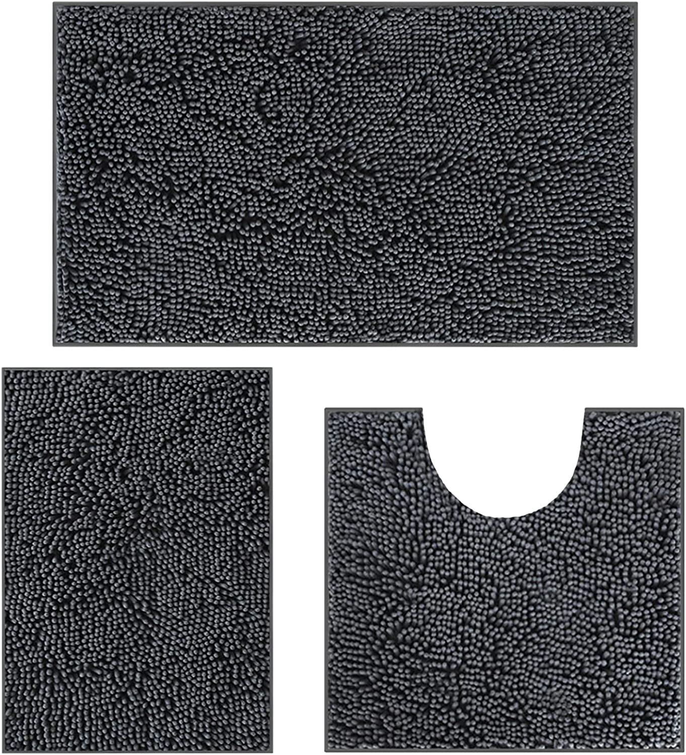 wyewyeBathroom Mat, Super Soft Chenille Bath Mat Set 3 Piece, Non-Slip Bath Mats, Absorbent Shaggy Rugs, Easy Clean and Dry, Bathroom Carpets Set with U-Shaped Toilet Mat, Dark GreyOEKO-TEX STANDARD 100