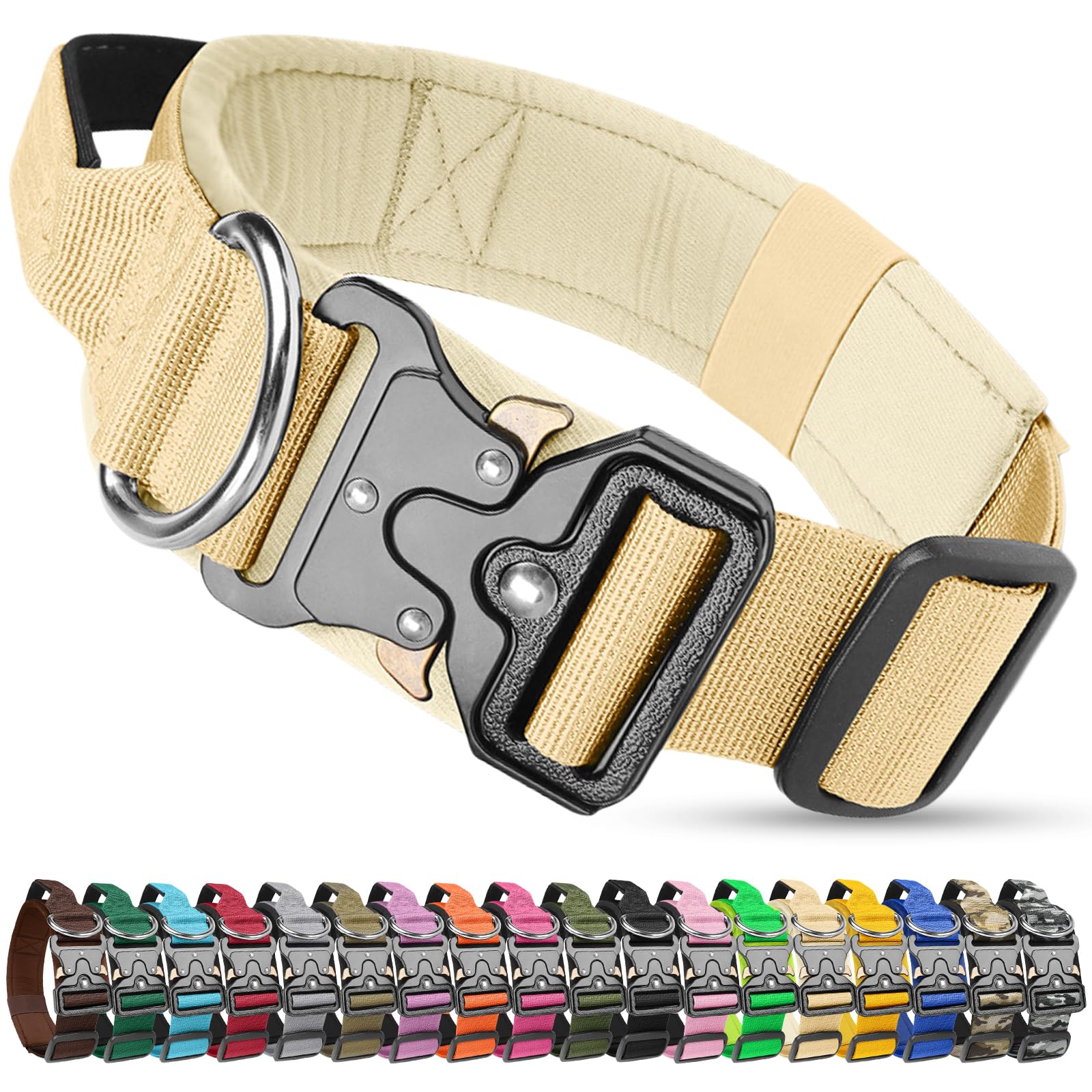 Olcyren Tactical Dog Collar, Military Nylon Adjustable Dog Collar with Handle, Heavy Duty Wide Thick Pet Collars with Quick Release Metal Buckle for Medium Large Dogs Training and Walking (Beige, XL)