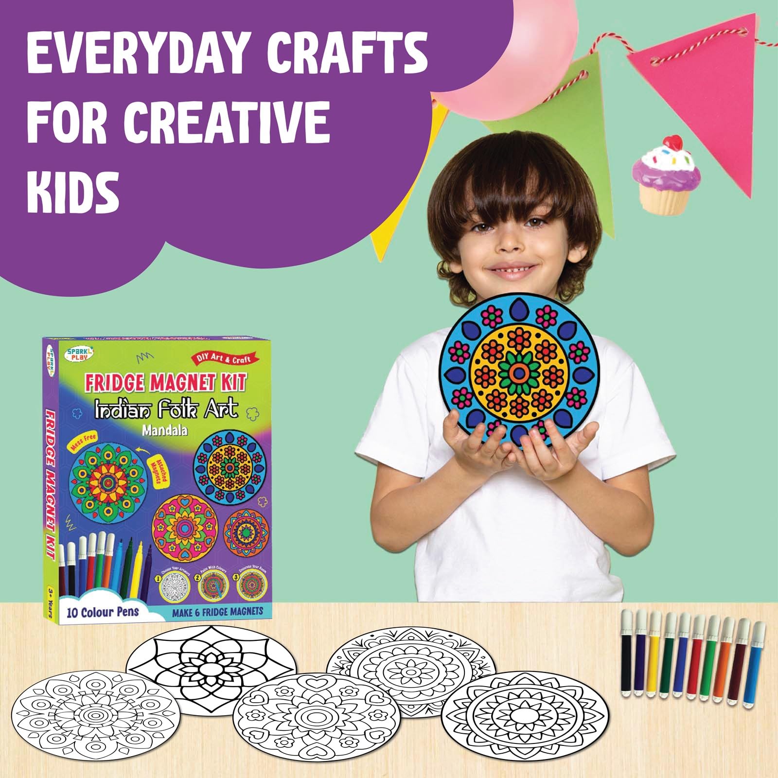 SparkLPlay DIY Mandala Art Kit for Kids. Coloring Set with - 6 Magnetic Cutouts,12 Color Pens & Booklet. Creative Art & Craft. Mess Free. Gifts for Kids. 4