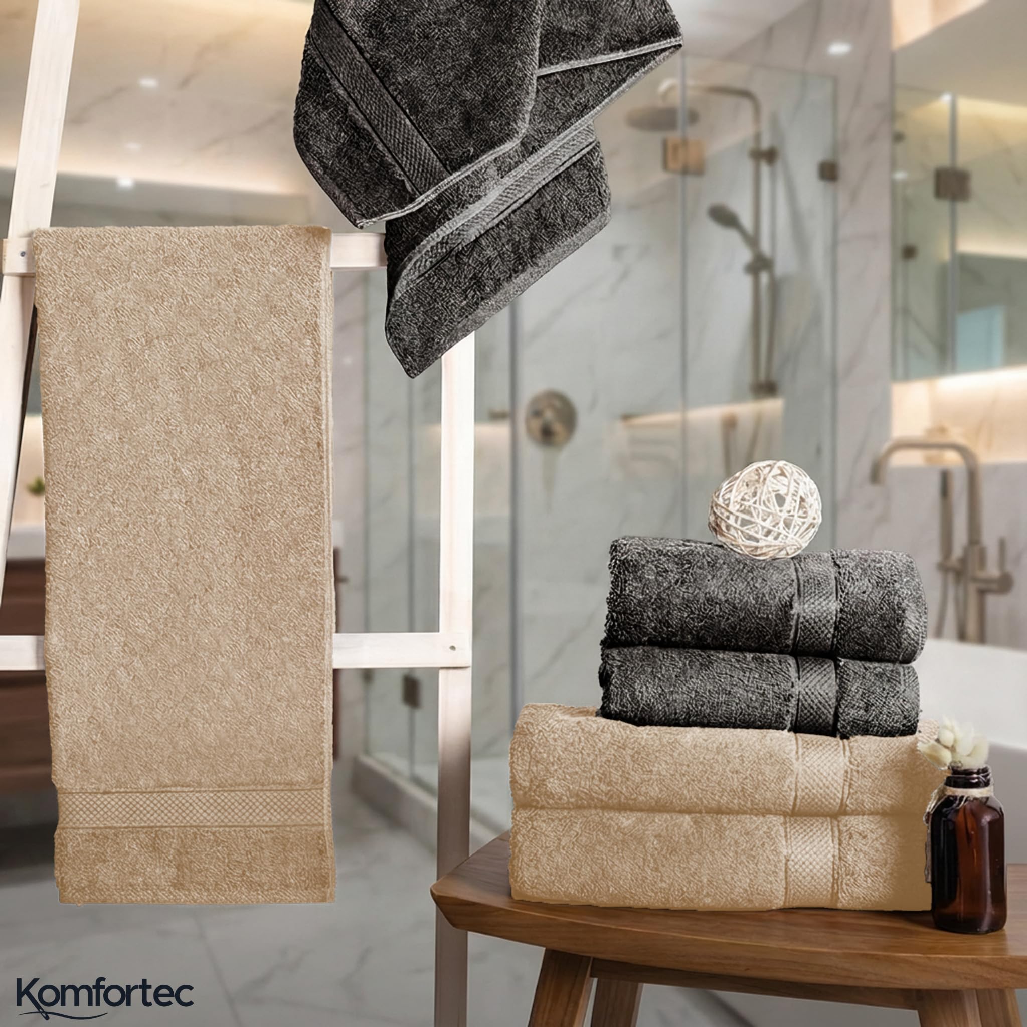 Komfortec Set di 8 asciugamani in 100% cotone, 4 teli da bagno 70 x 140 e 4 asciugamani da 50 x 100 cm, spugna, morbido, Towel, grande, nero/beige