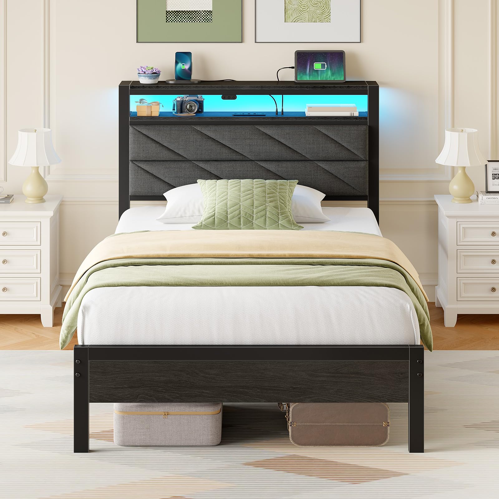 Seventable Twin Bed Frame with Charging Station LED Lights Upholstered Headboard with 2-Tier Storage Shelves Metal Platform with