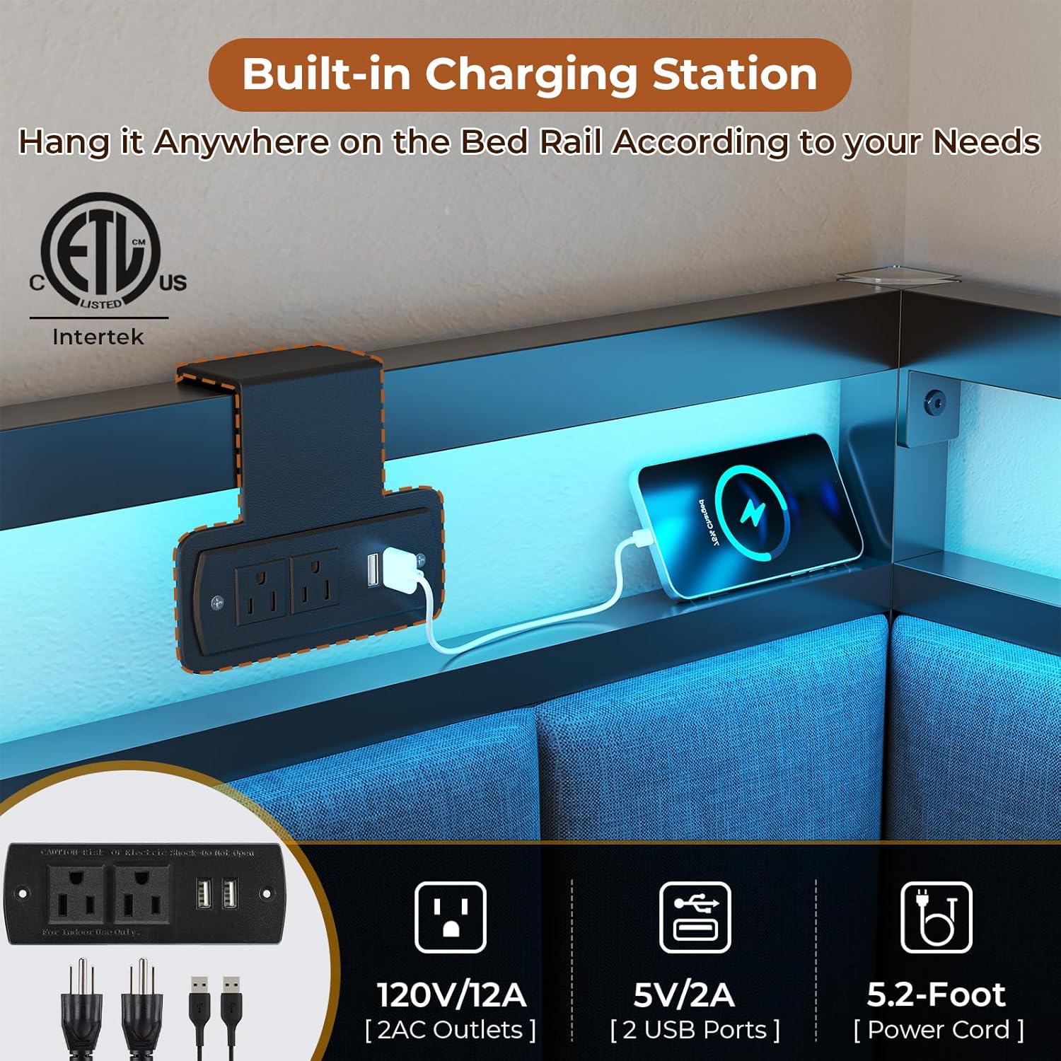 DICTAC Twin Size Bed Frame with 2 Storage Drawers & Charging Station Corner Twin Bed Frame with Storage and Led Lights Twin Size Daybed with Upholstered Guardrail for Kids/Teen,Easy Assemble,Gray Grey Twin