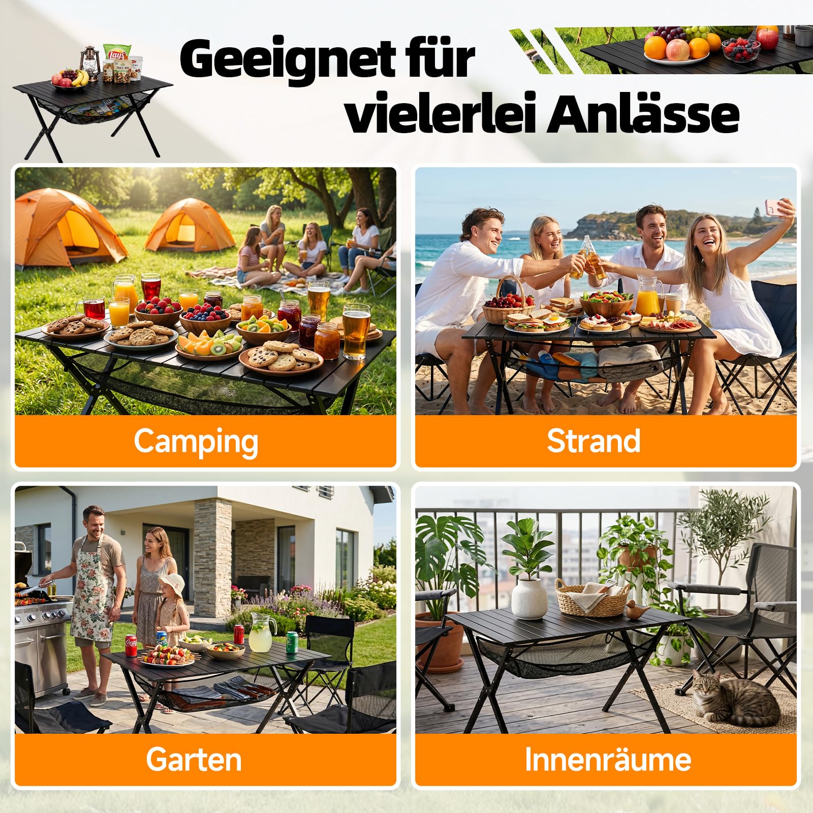 HAUSPROFI Campingtisch Klappbar 120x70x70cm Groß für 4-6 Personen, Klapptisch Aluminium 100 kg Belastbar, Falttisch mit Tragetasche, Outdoortisch Tragbar für Camping Picknick Garten Balkon, Schwarz