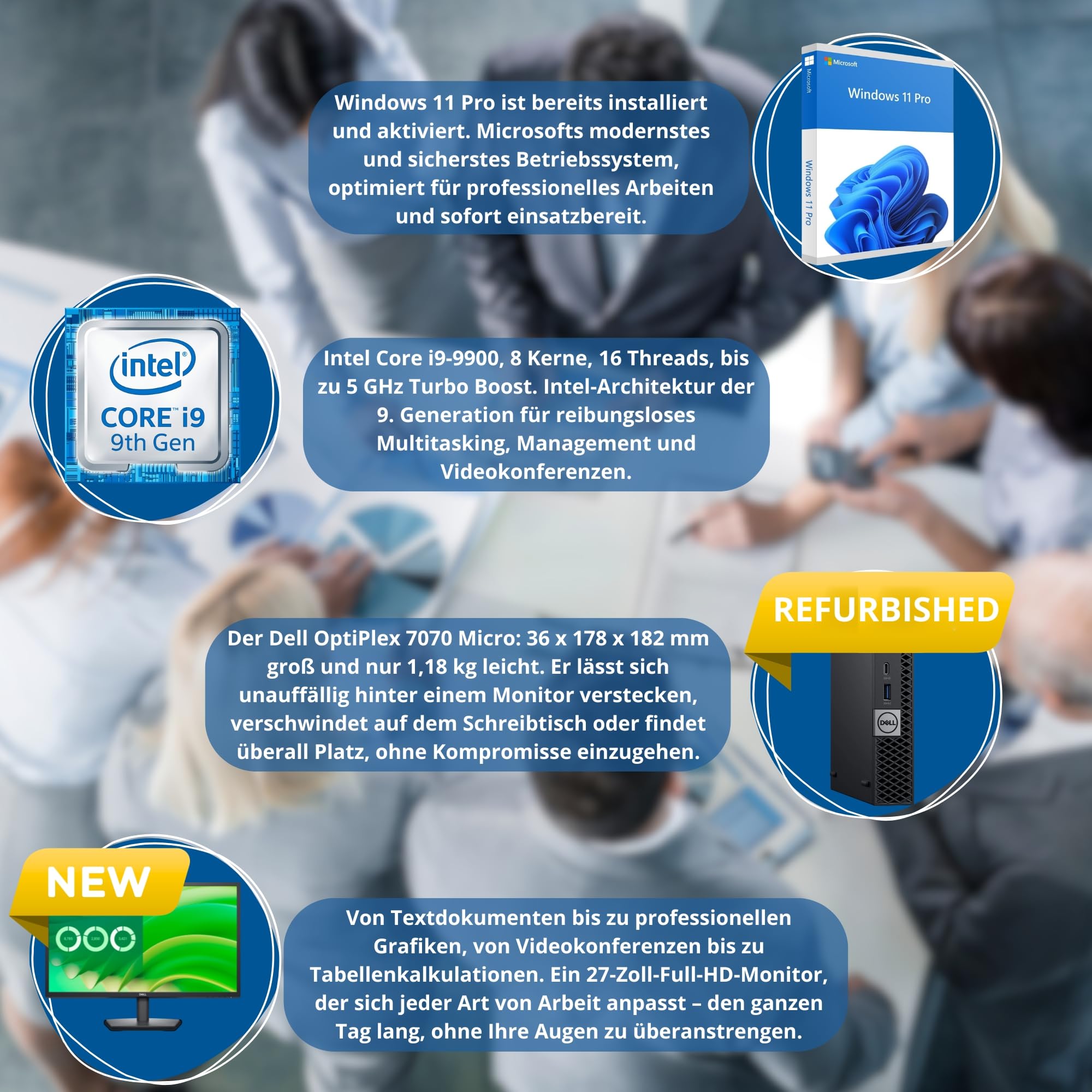Dell OptiPlex 7070 Micro PC Bundle 27 Zoll Full HD Monitor | Intel Core i9 bis 5,0 GHz | 16 GB DDR4 RAM | 512 GB NVMe SSD | Windows 11 Pro | Generalüberholt | 36 Monate Garantie