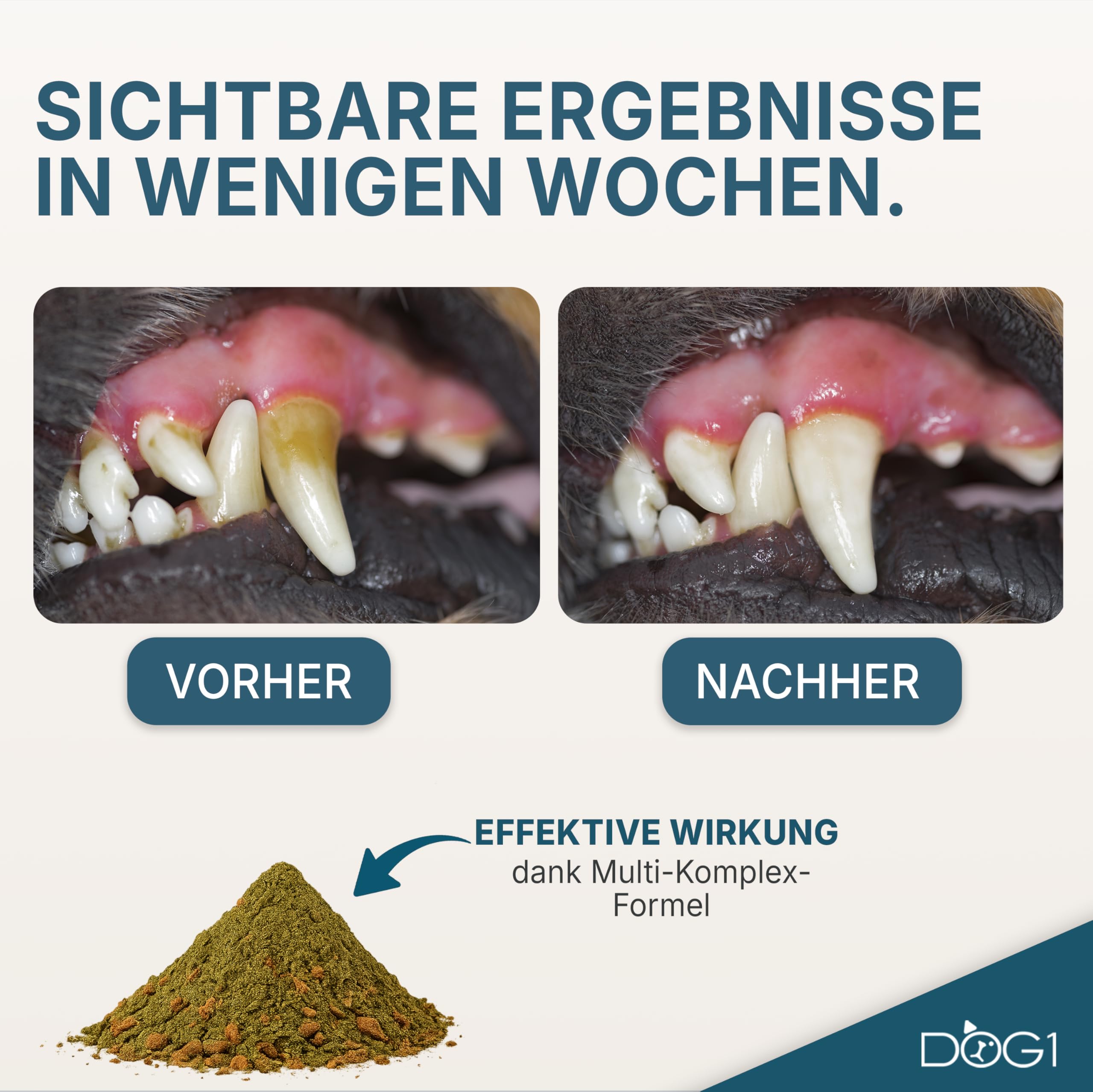 dog1® Zahnpflege Pulver für Hunde – Made IN Germany - Natürliches Mittel gegen Mundgeruch & Zahnstein - Zahnpflege Hund - Zahnputzflocken mit Zahnsteinentferner – Von Tierärzten entwickelt - 200 g