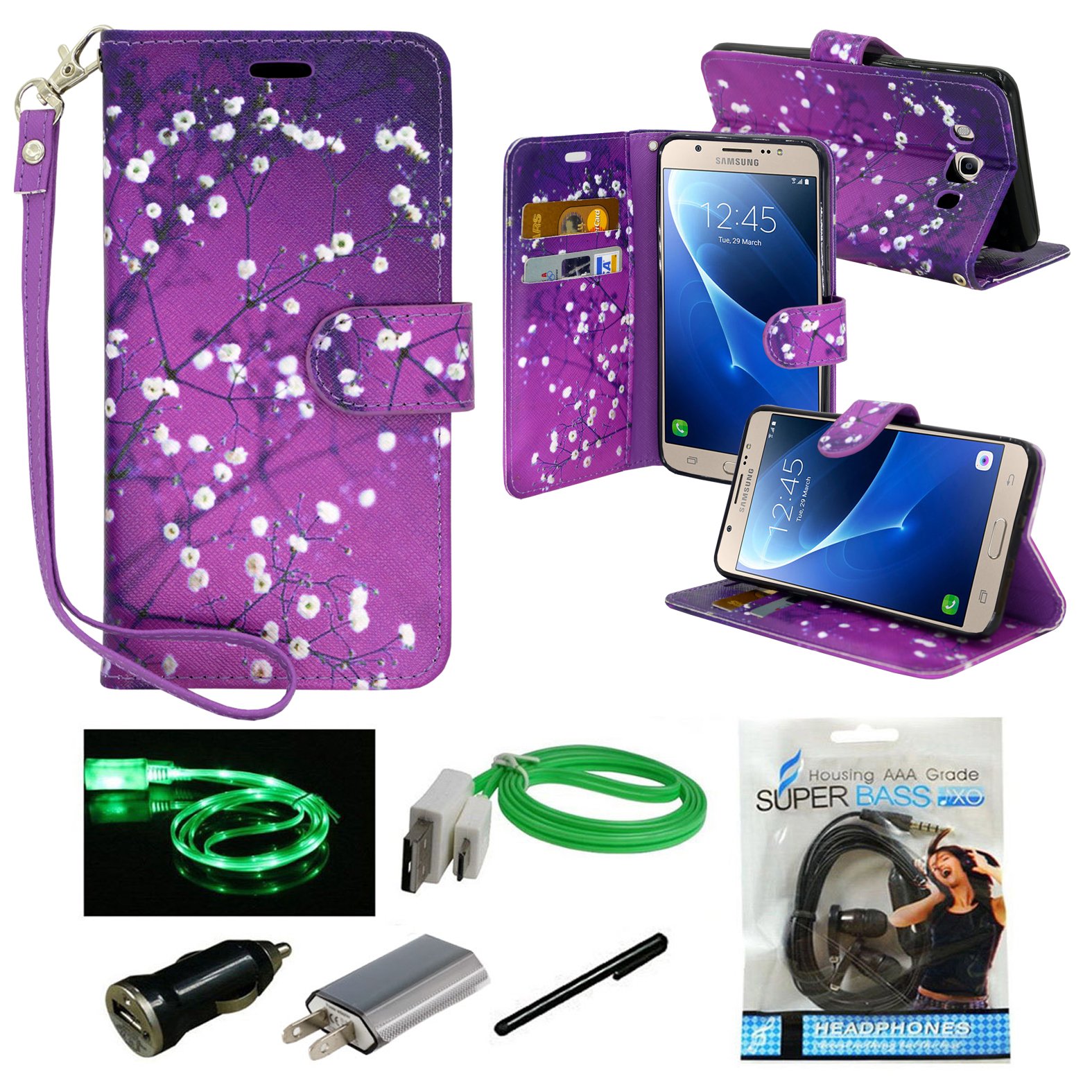 Galaxy J7 Case, Mstechcorp, Special Design Flip PU Leather Fold Wallet Pouch Case Premium Wallet Flip Case For Samsung Galaxy J7 2015 Phone - With Accessories (Blossom Purple)