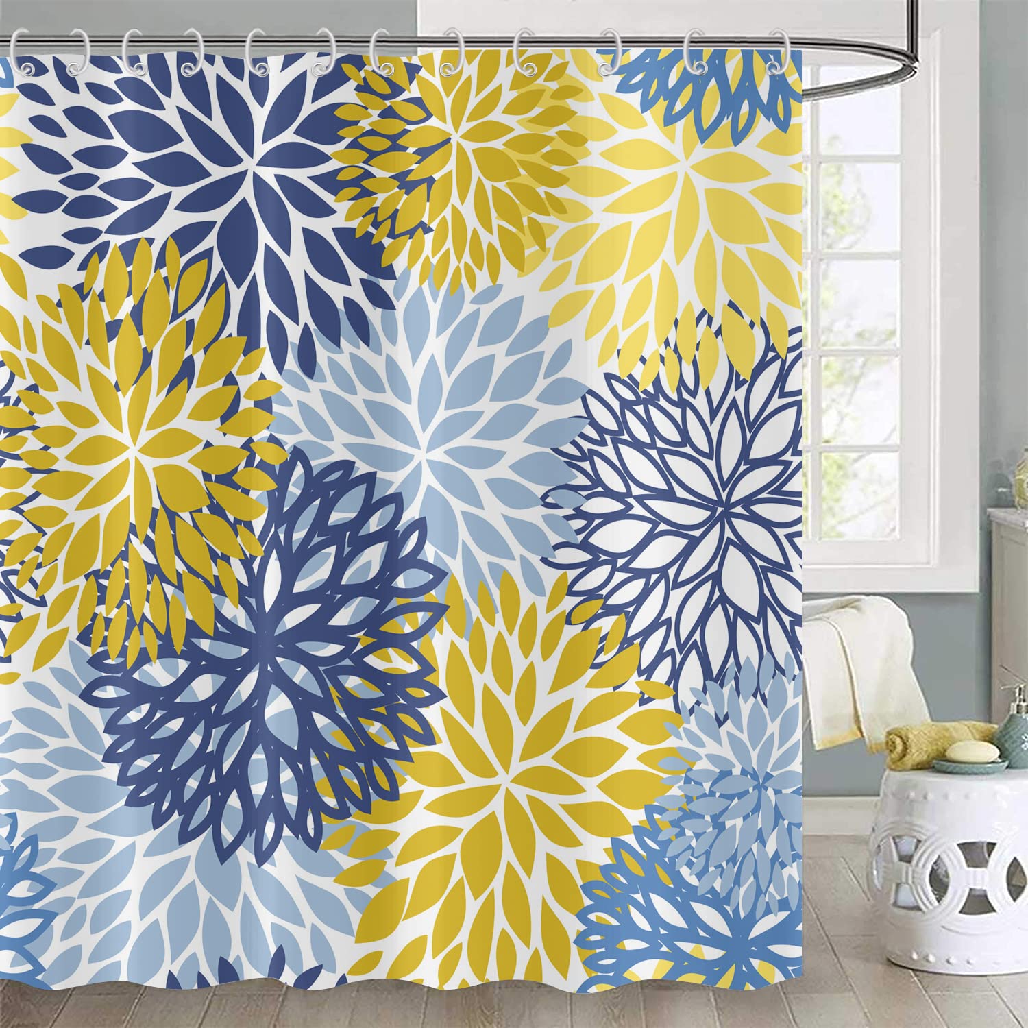 Dahlia Pinnata Flower Shower Curtain 120x200, Hnmdmyi Blue Yellow Floral Shower Curtains Abstract Modern Chic Simple Art Bathroom Curtains Waterproof Polyester Fabric Washable Bath Curtains with Hooks