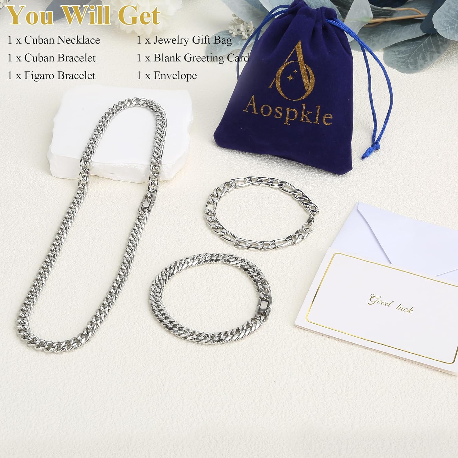 3PCS Cuban Link Figaro Bracelet Necklace, Silver Gold Black Sturdy 316L Stainless Steel Cuban Link Figaro Chain for Men Jewelry Set with Gift Message Card 8mm, 7/8/9 Inches - Image 4