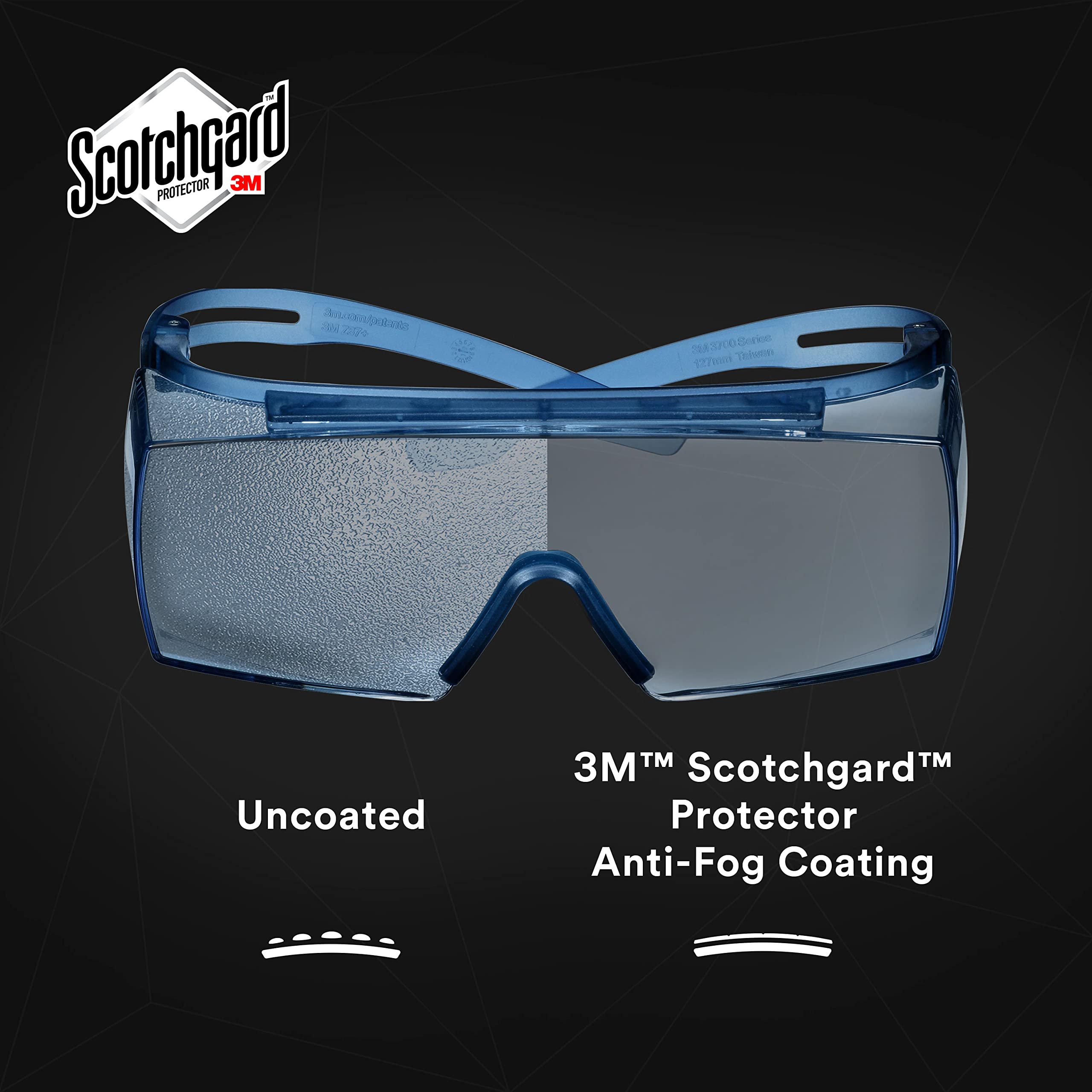 3M SecureFit 3700 Series, SF3704SGAF-BLU, Blue Temples, Scotchgard Anti-Fog Coating, Light Blue OTG AF-AS Lens