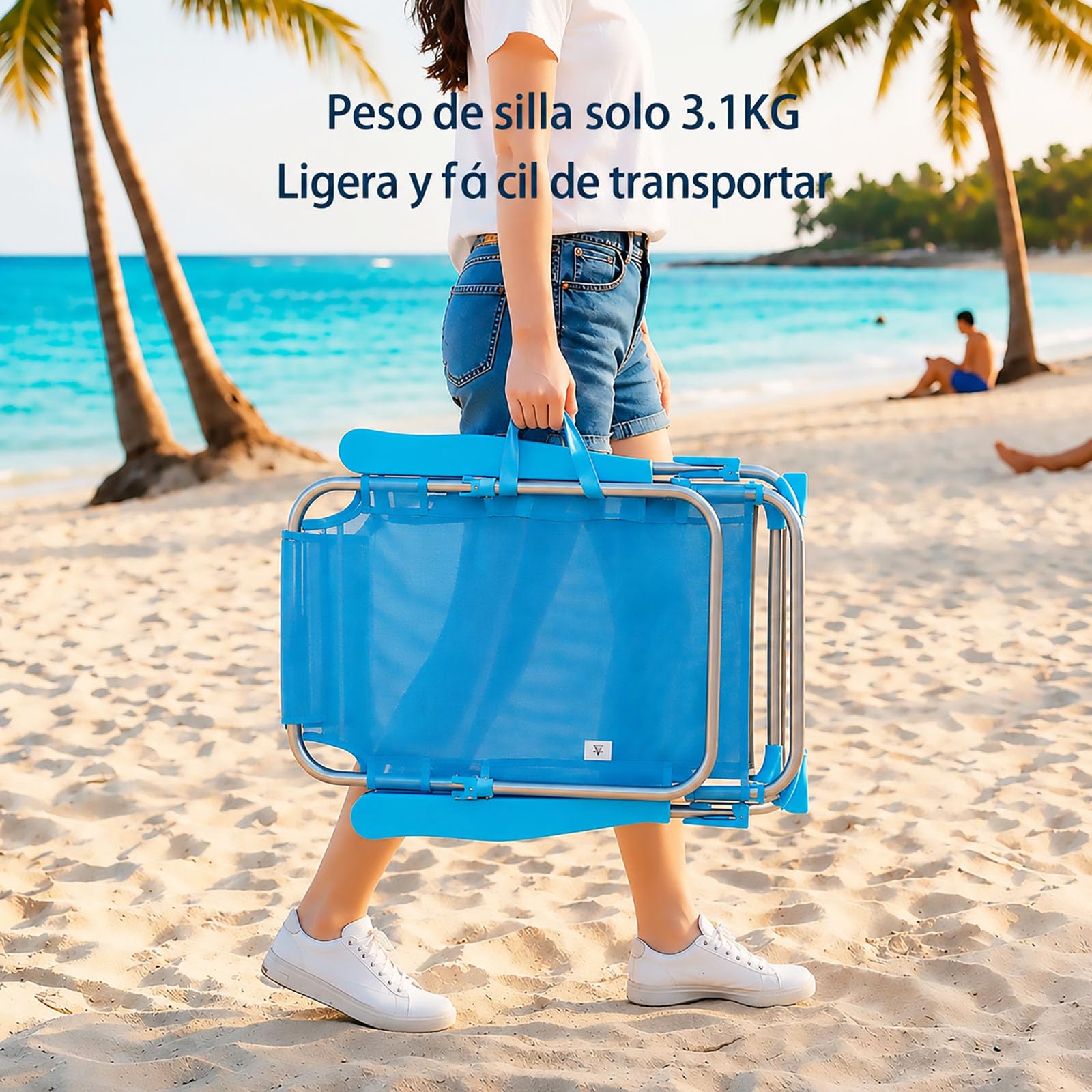 Silla de Playa Plegable Reclinable de Aluminio, 4 Posiciones Ajustables, Ligera y Portátil, Respaldo Alto con Reposabrazos, Silla Baja para Playa, Camping, Jardín y Piscina, Color Azul Liso