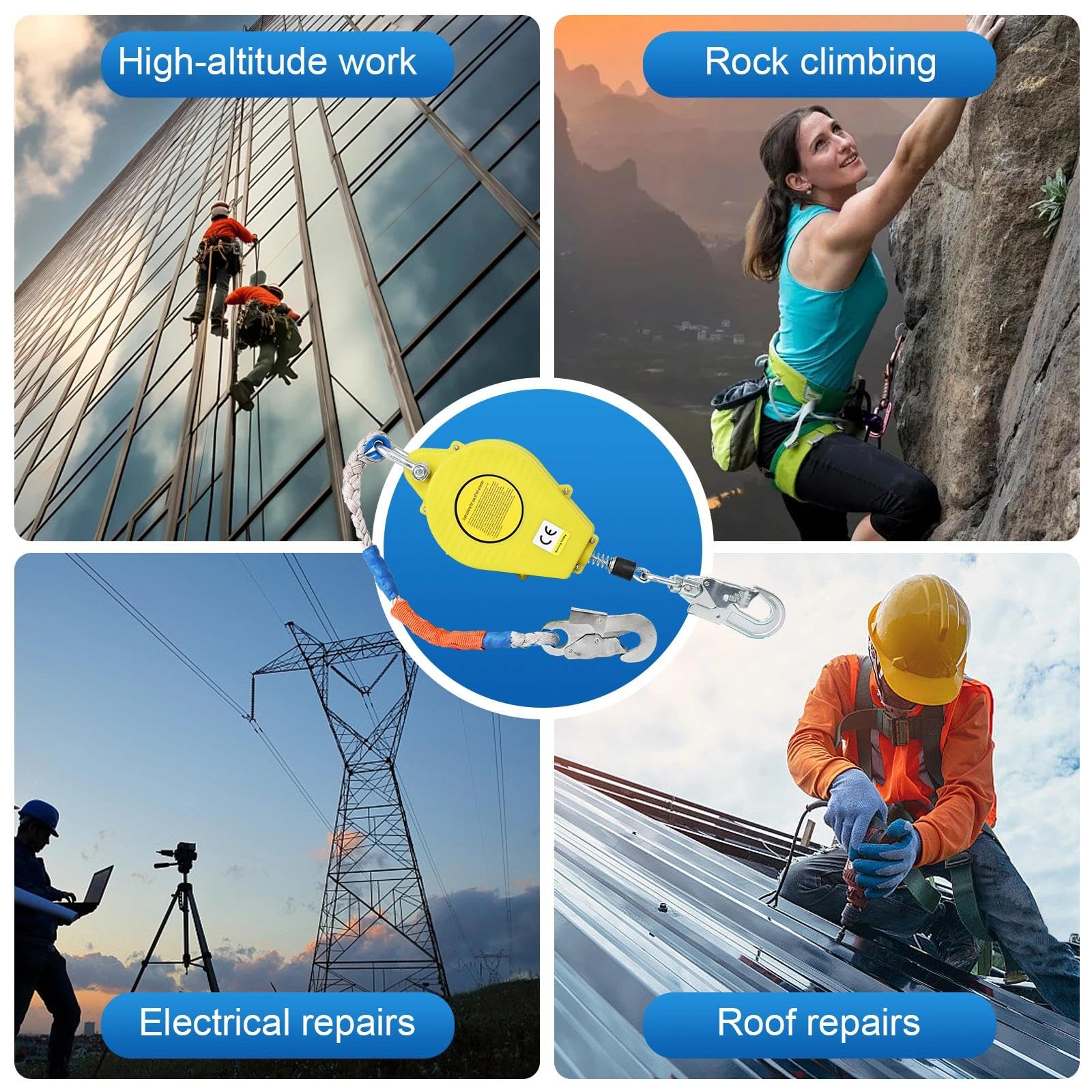 Dispositivo Anticaduta Retrattile Certificato CE, Dispositivo di Sicurezza Anticaduta con Gancio Girevole a 360°, Anticaduta a Richiamo Automatico per Lavori ad Alta Quota, 150kg(Giallo,20m)