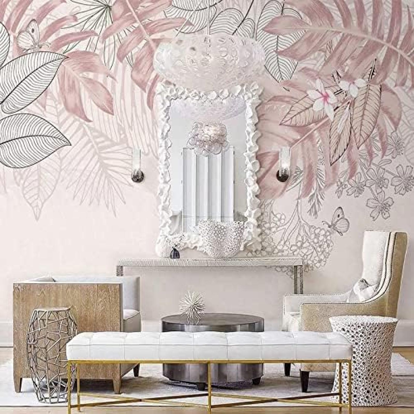 Papier peint intissé haut de gamme feuilles roses peintes main XLMING