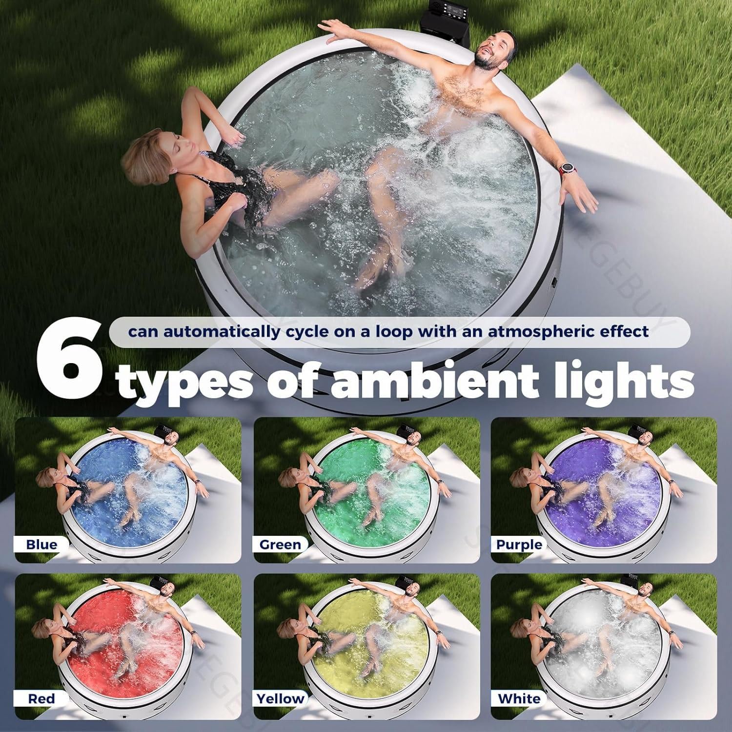 Vasca idromassaggio portatile in PVC a prova di perdite, riscaldamento rapido per 4-6 persone, facile installazione per rilassarsi in giardino e patio, 6 modalità di illuminazione, 200 x 70 cm